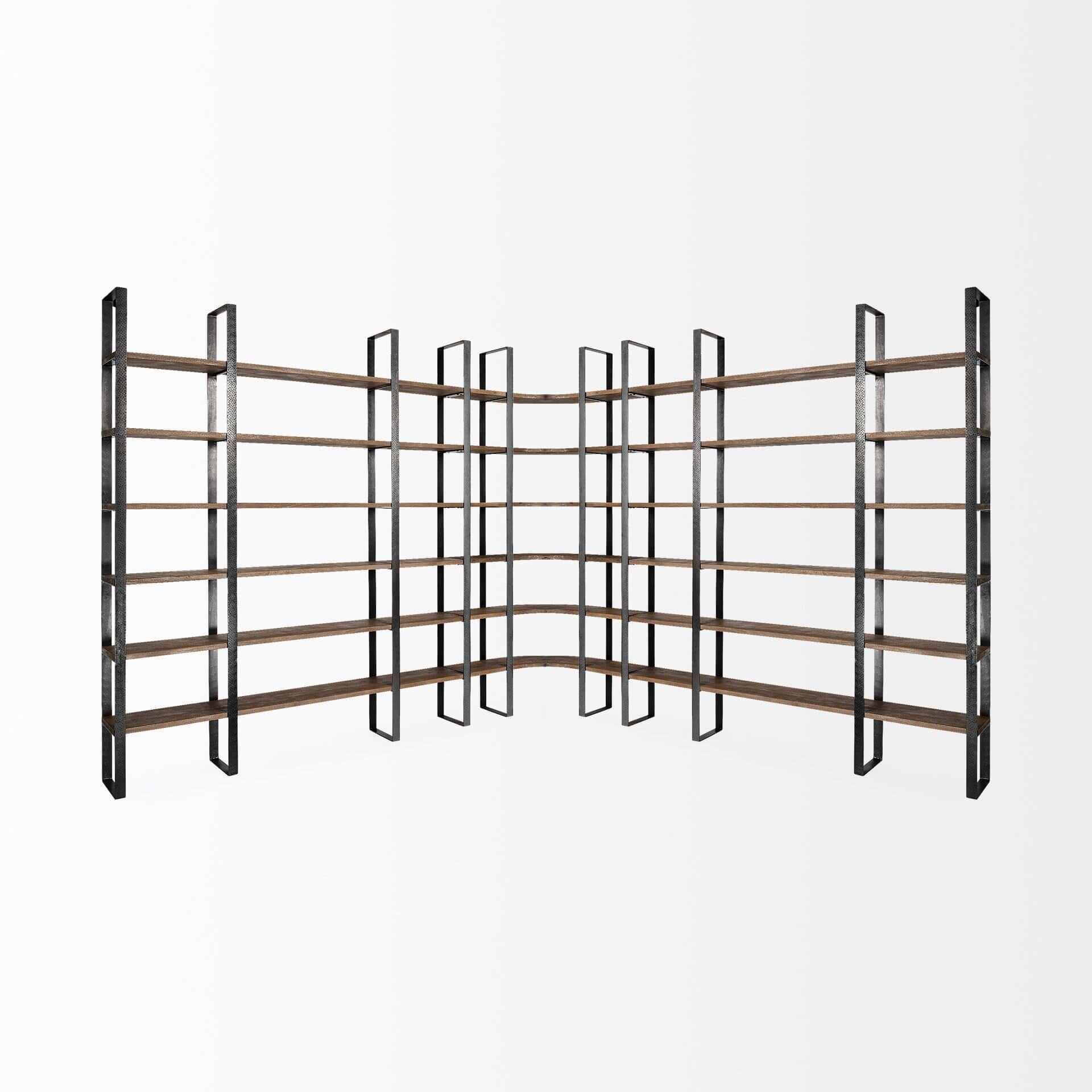 taunton ii 80l x 10.5w x 90h dark brown wood and black iron six shelving unit