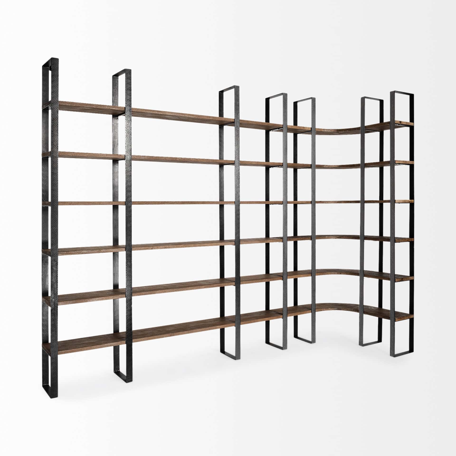 taunton ii 80l x 10.5w x 90h dark brown wood and black iron six shelving unit