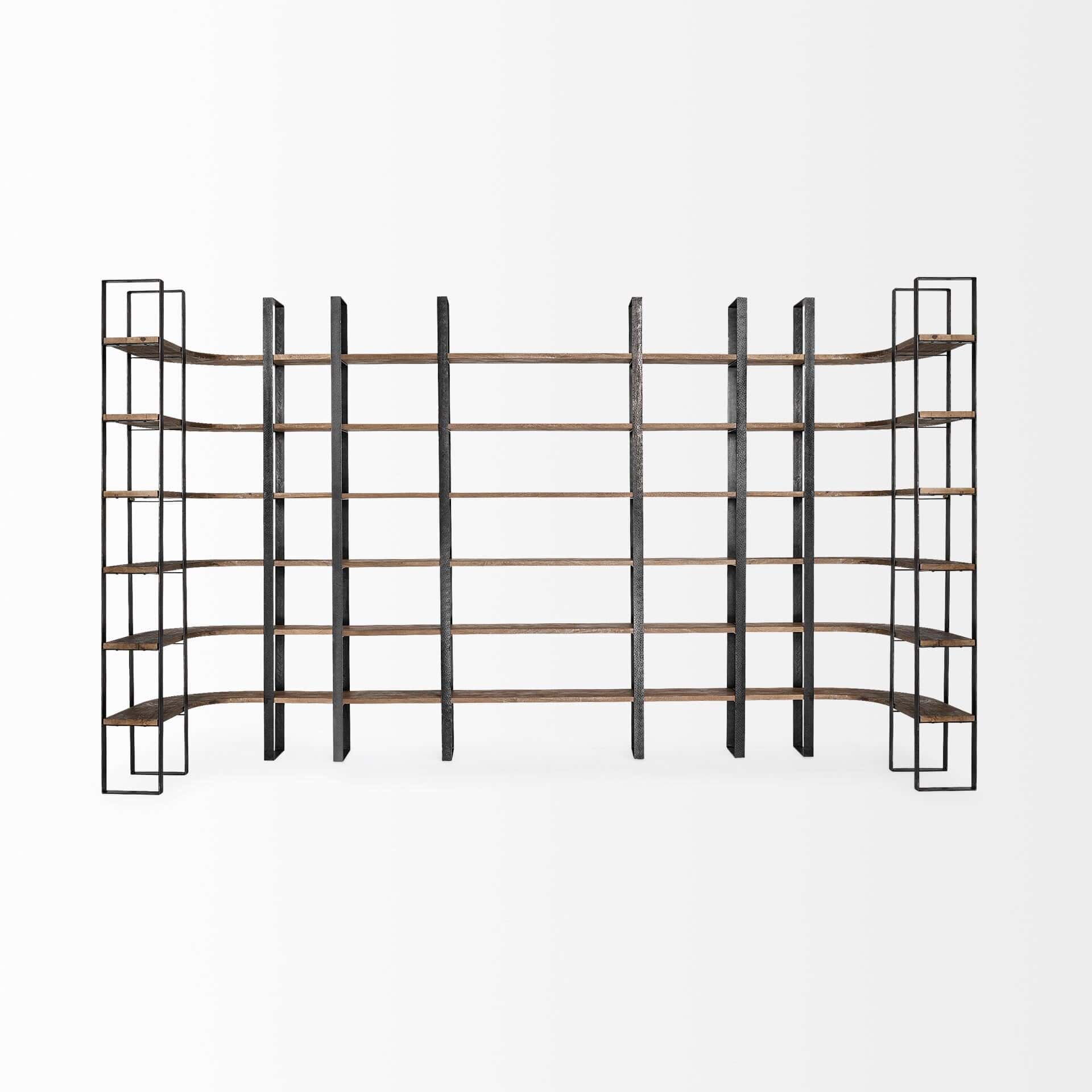 taunton ii 80l x 10.5w x 90h dark brown wood and black iron six shelving unit