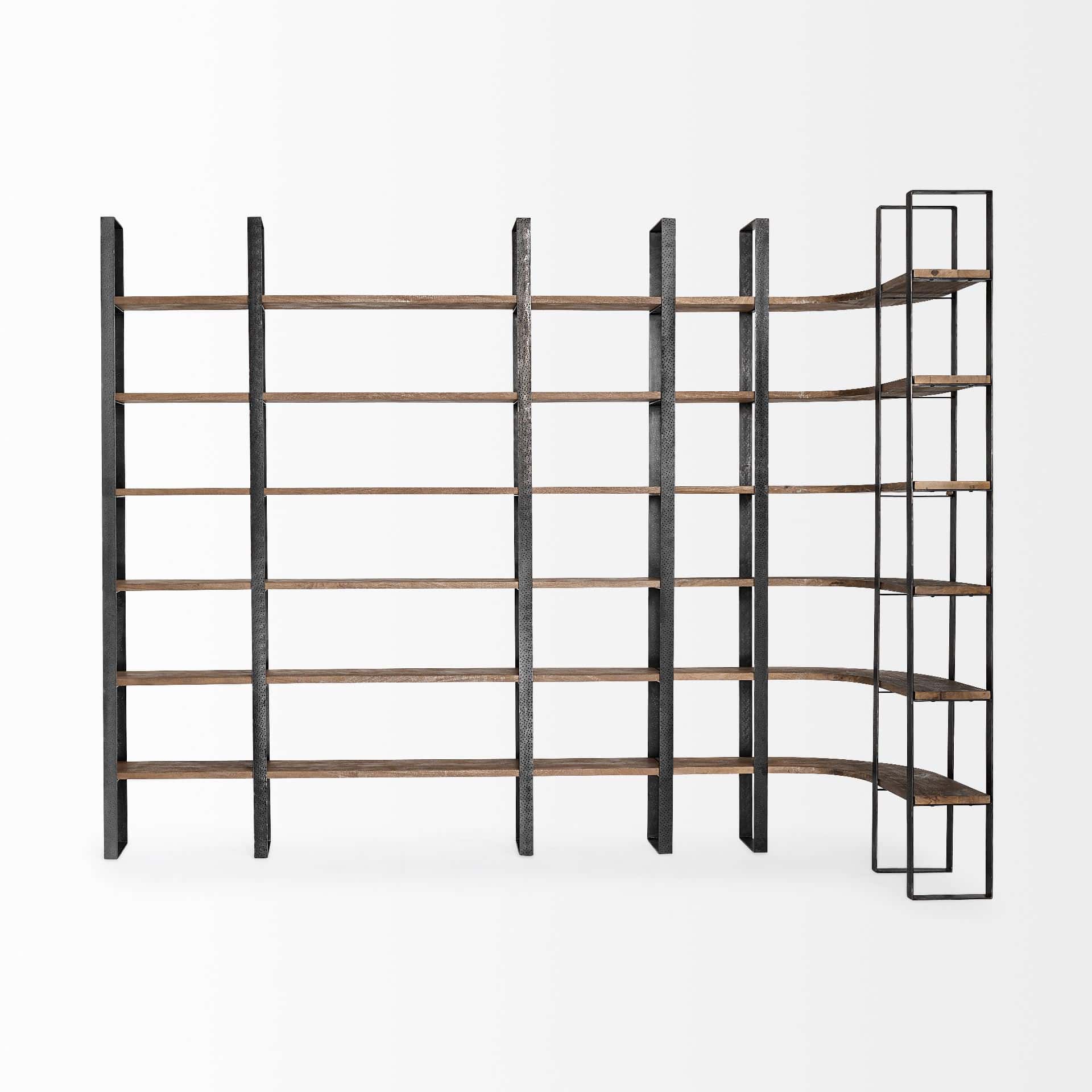 taunton ii 80l x 10.5w x 90h dark brown wood and black iron six shelving unit