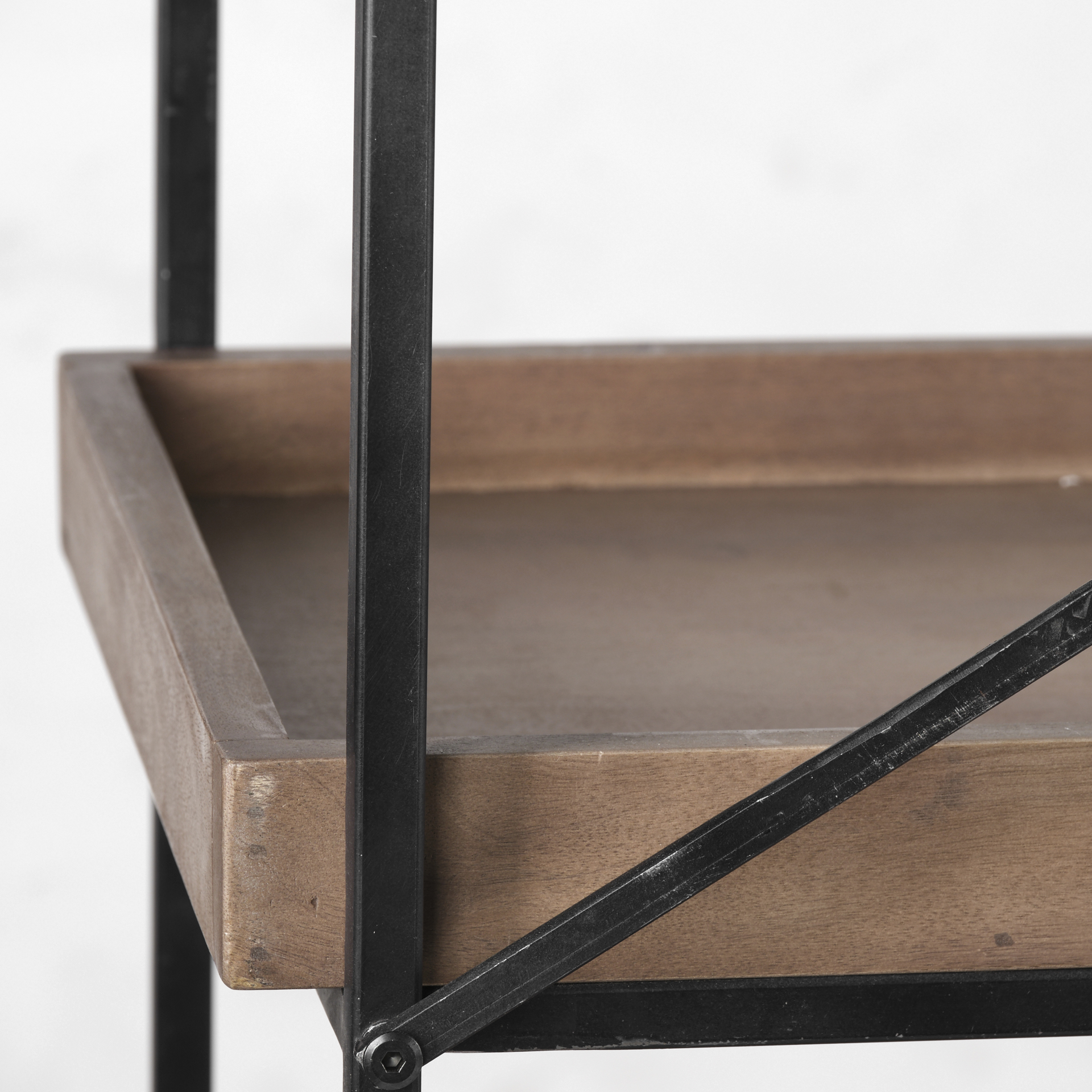 trey iv 80l x 16w x 87.5h medium brown wood and iron five tray shelf shelving unit