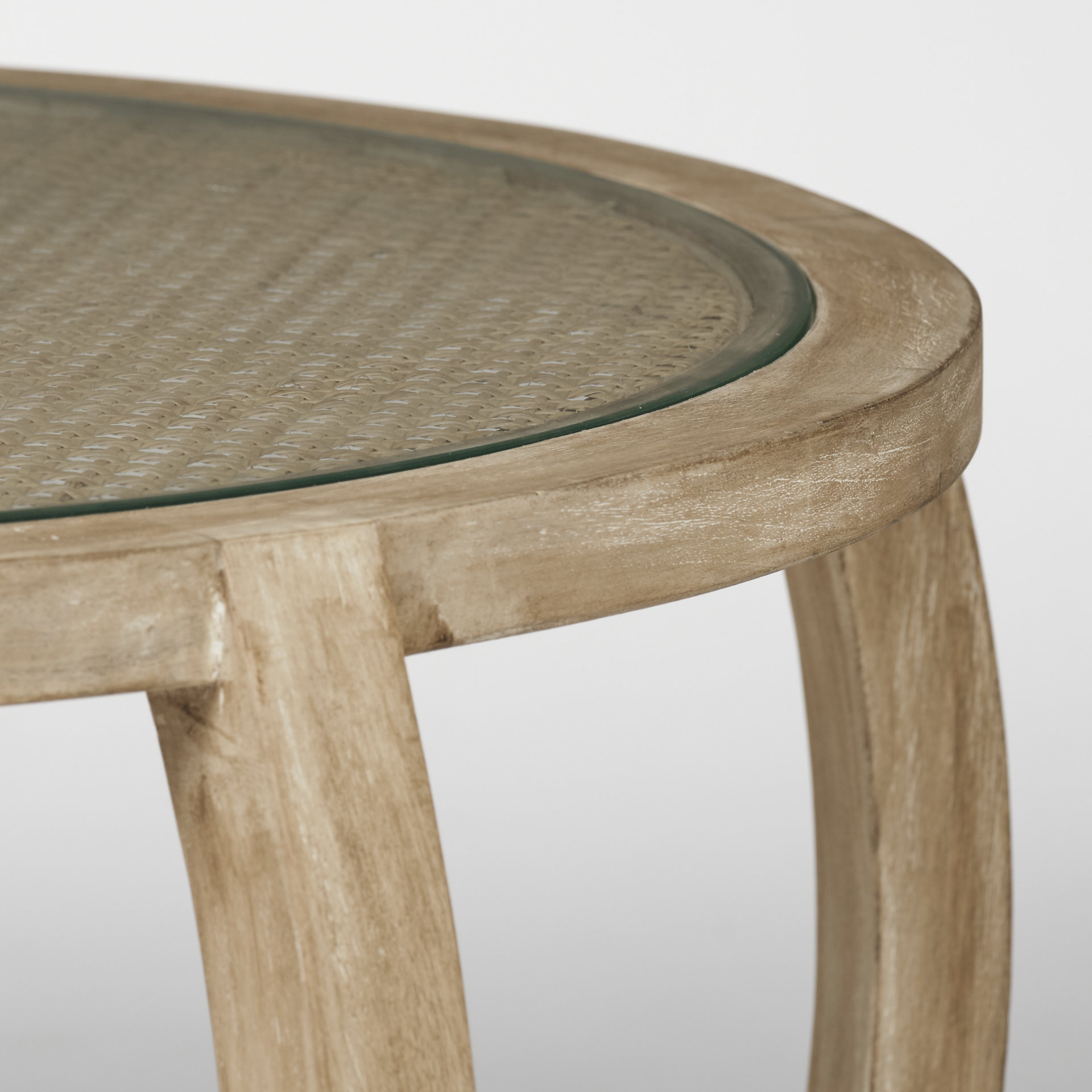 hubbard set of 2 round woven cane w/glass top solid wood base coffee tables