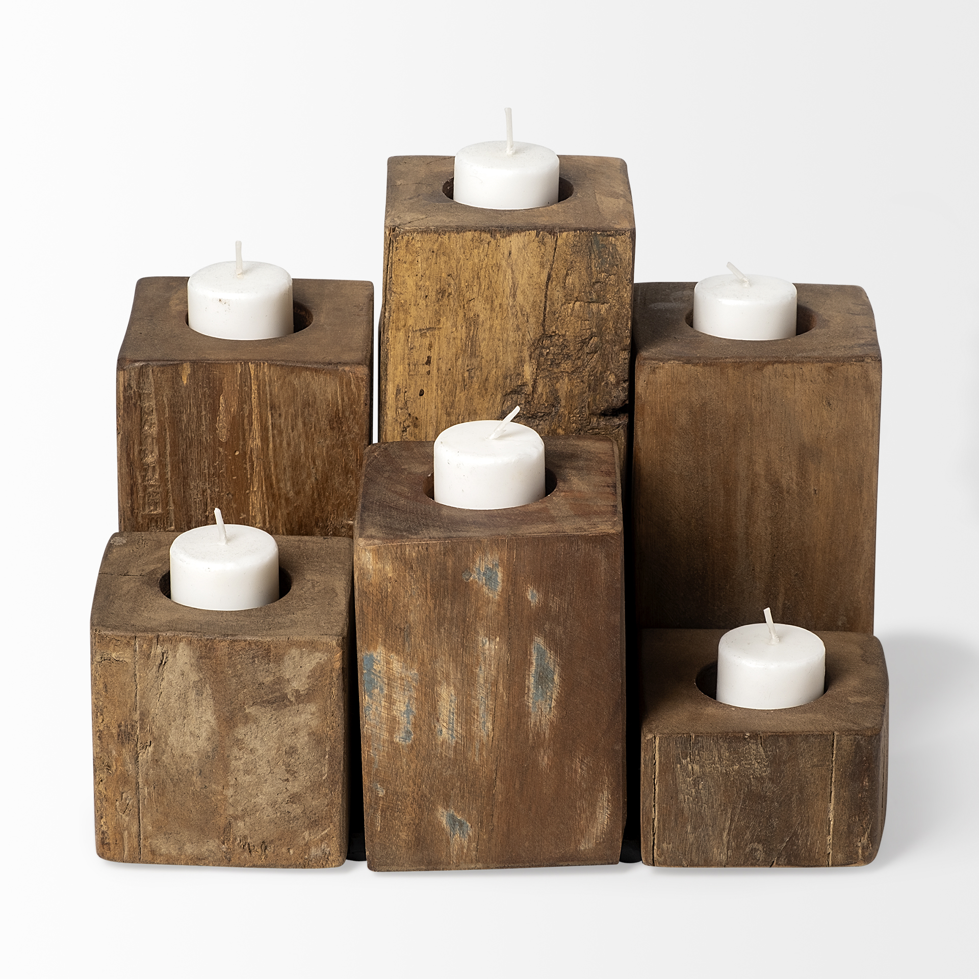 cassius light brown nine wood block table candle holder
