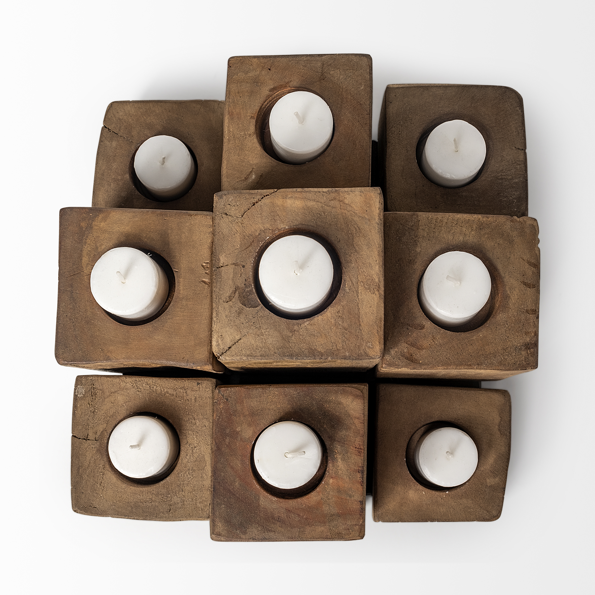 cassius light brown nine wood block table candle holder