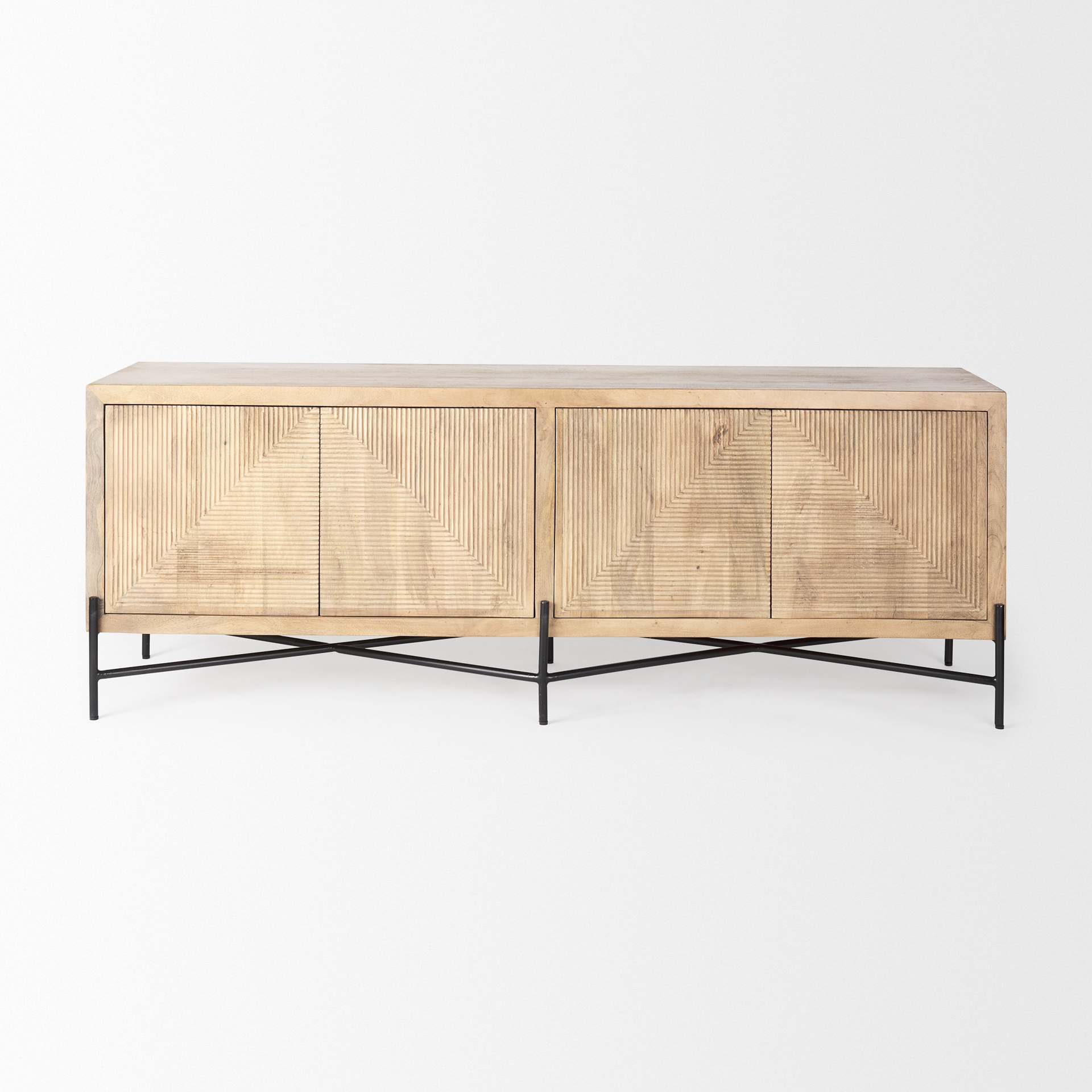 cairo 78x19 brown solid wood black metal base 4 door cabinet sideboard