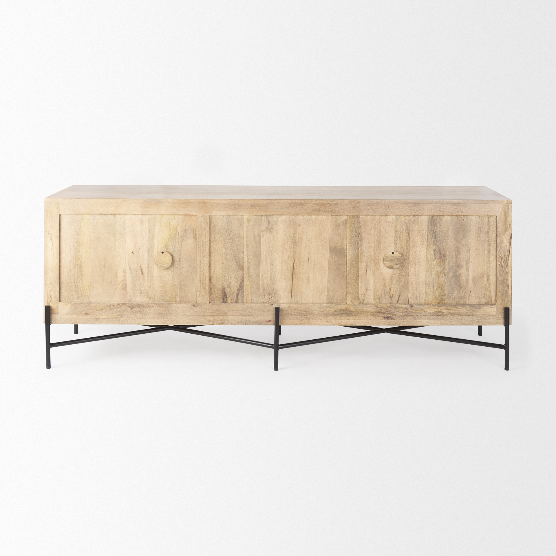 cairo 78x19 brown solid wood black metal base 4 door cabinet sideboard