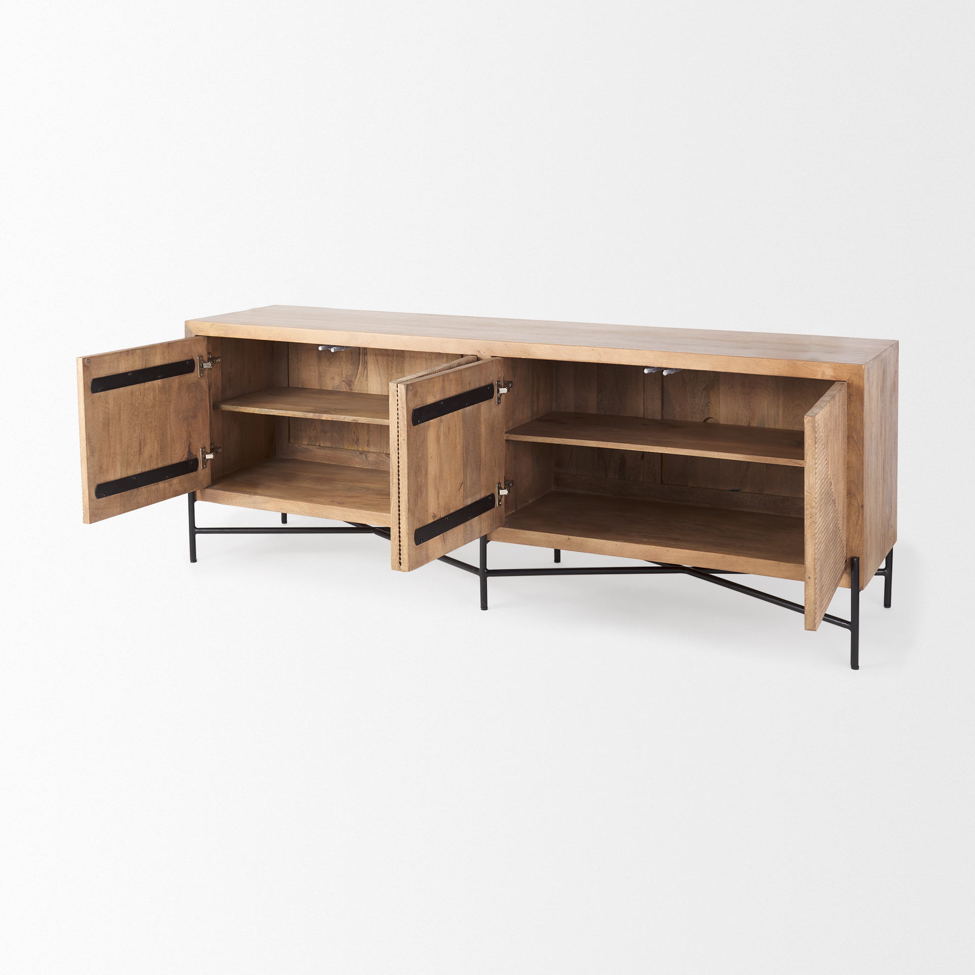 cairo 78x19 brown solid wood black metal base 4 door cabinet sideboard
