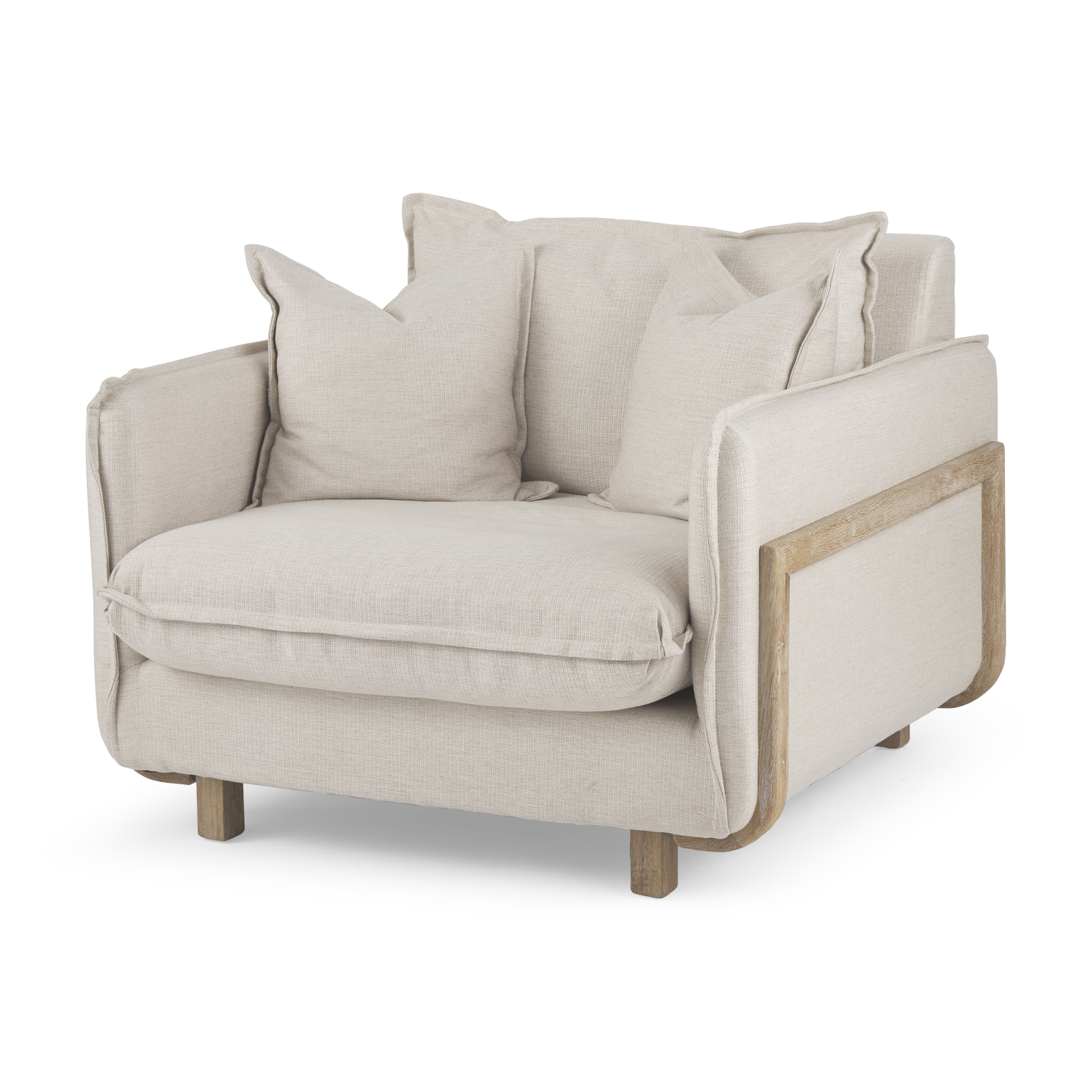 roy ii beige upholstered and brown wood frame arm chair