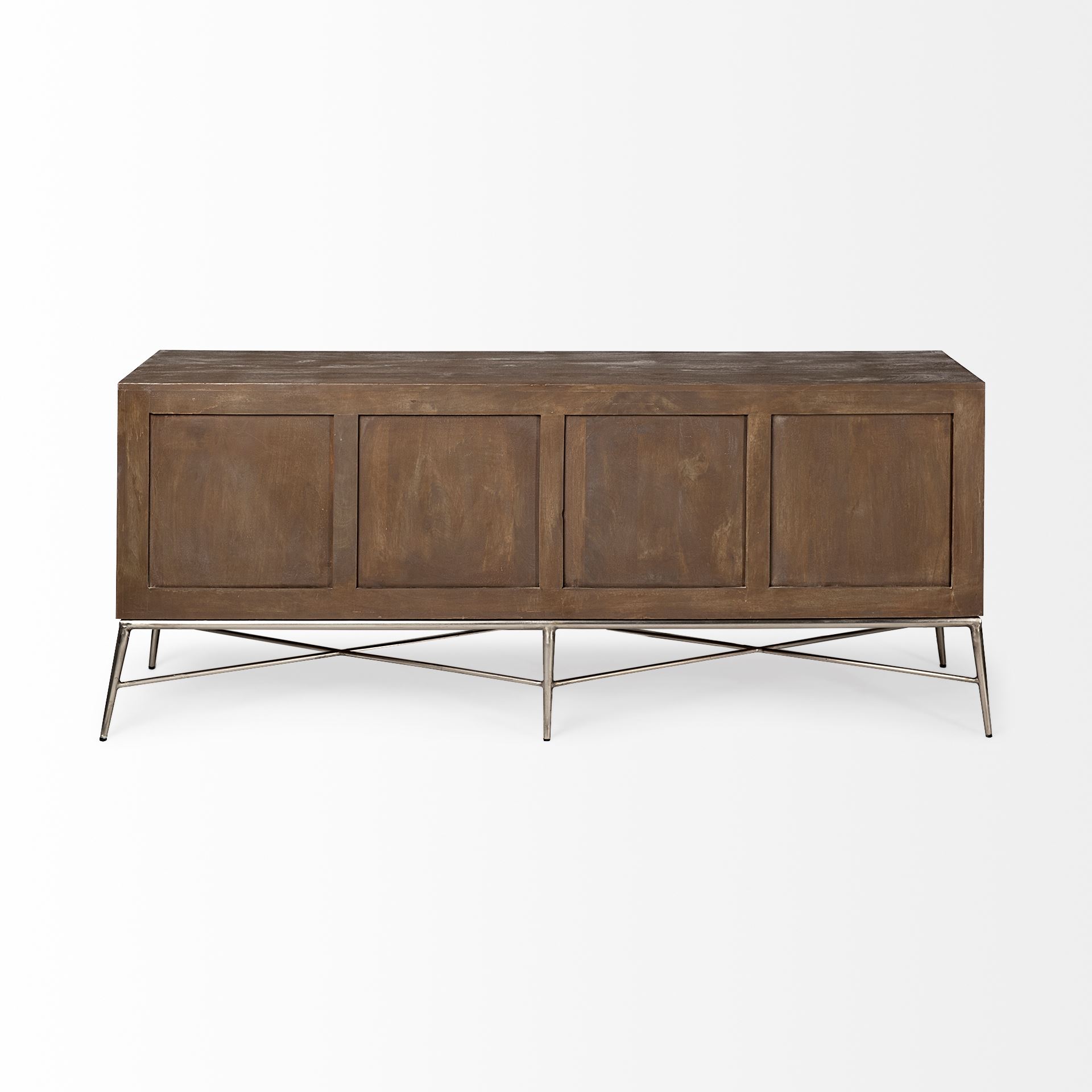 swordfish 72l x 19w x 30.25h two-tone brown wood cabinet silver metal base 4 cabinet door sideboard