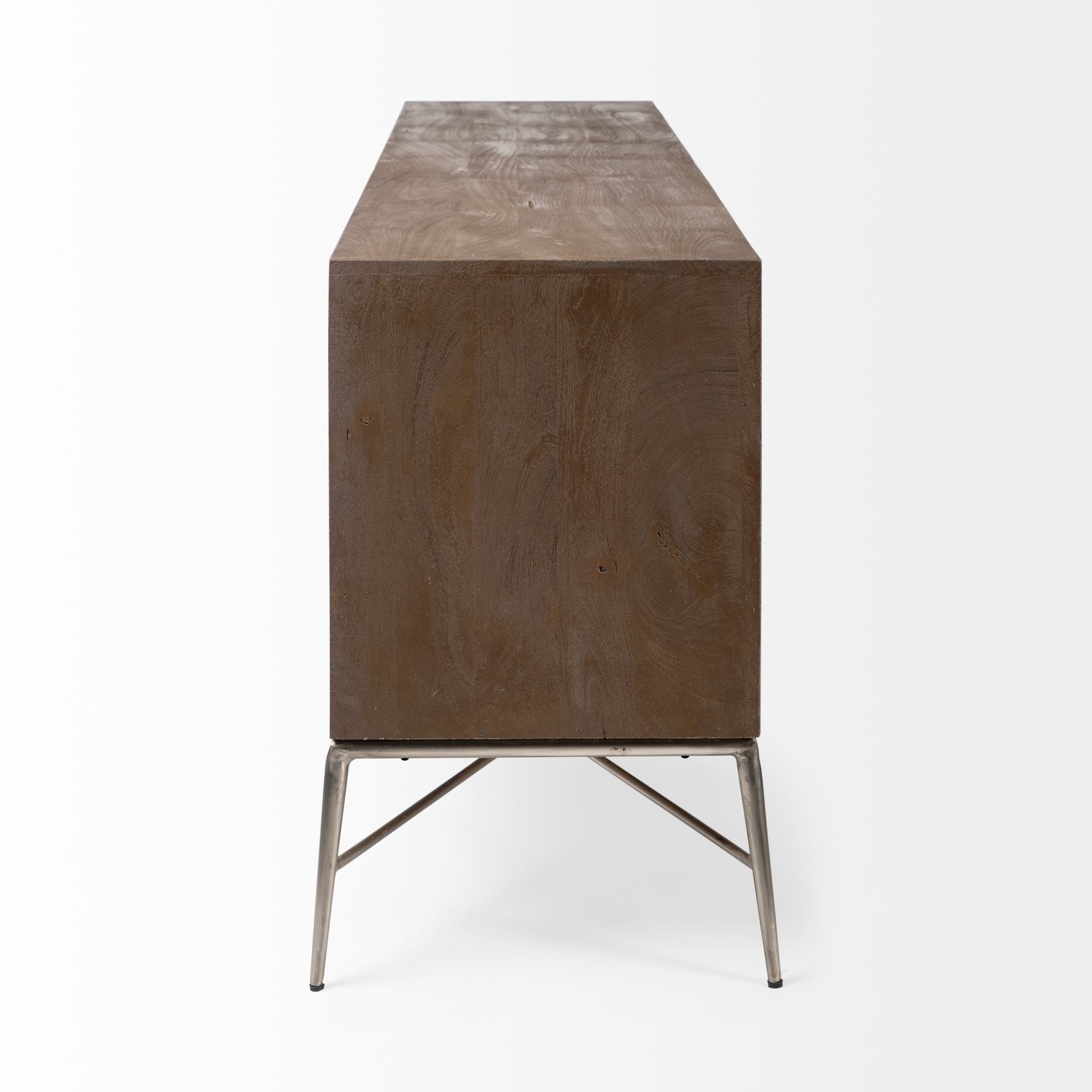 swordfish 72l x 19w x 30.25h two-tone brown wood cabinet silver metal base 4 cabinet door sideboard