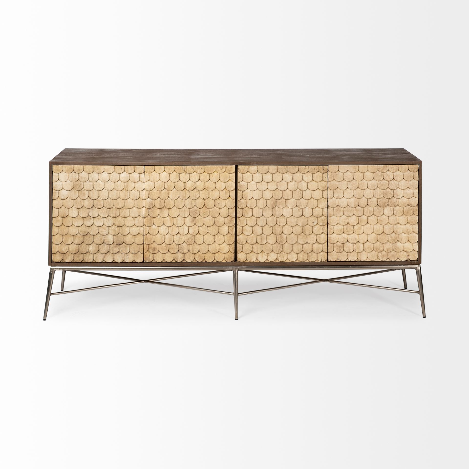 swordfish 72l x 19w x 30.25h two-tone brown wood cabinet silver metal base 4 cabinet door sideboard