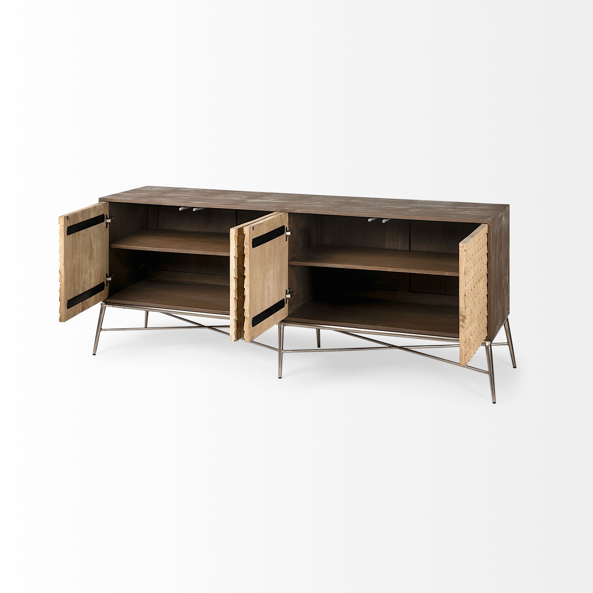 swordfish 72l x 19w x 30.25h two-tone brown wood cabinet silver metal base 4 cabinet door sideboard