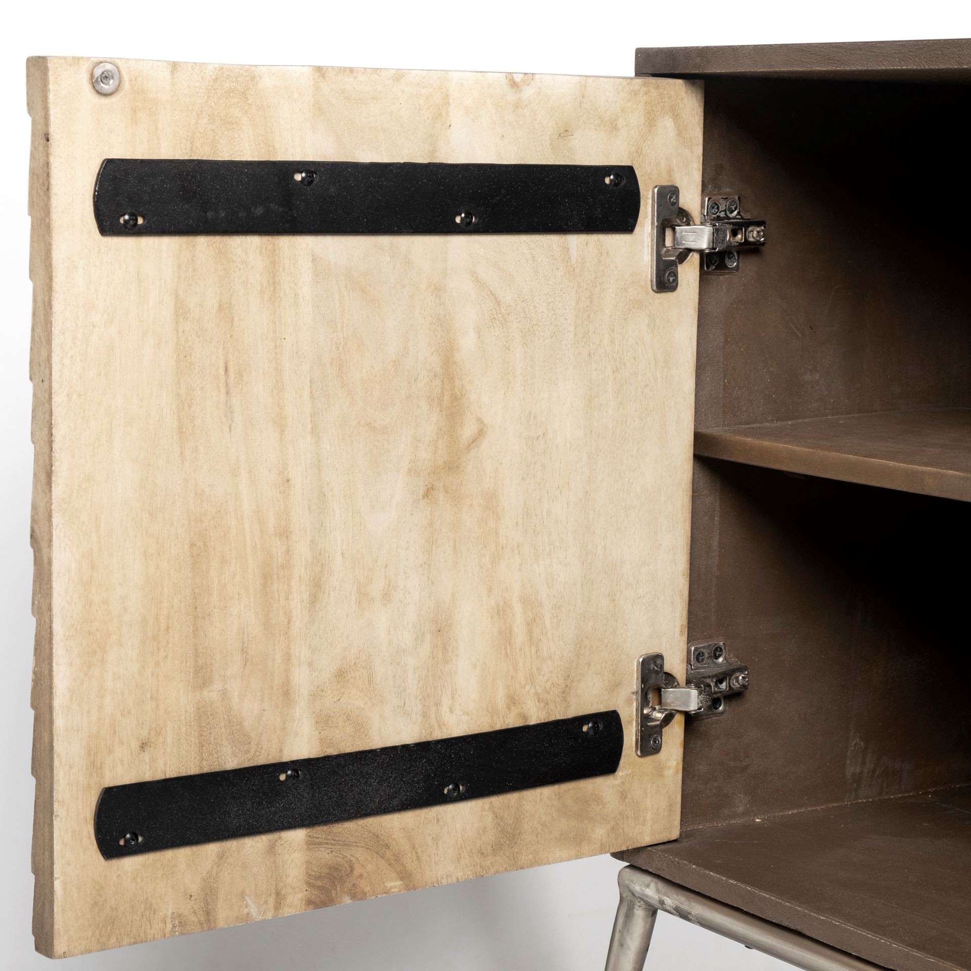 swordfish 72l x 19w x 30.25h two-tone brown wood cabinet silver metal base 4 cabinet door sideboard
