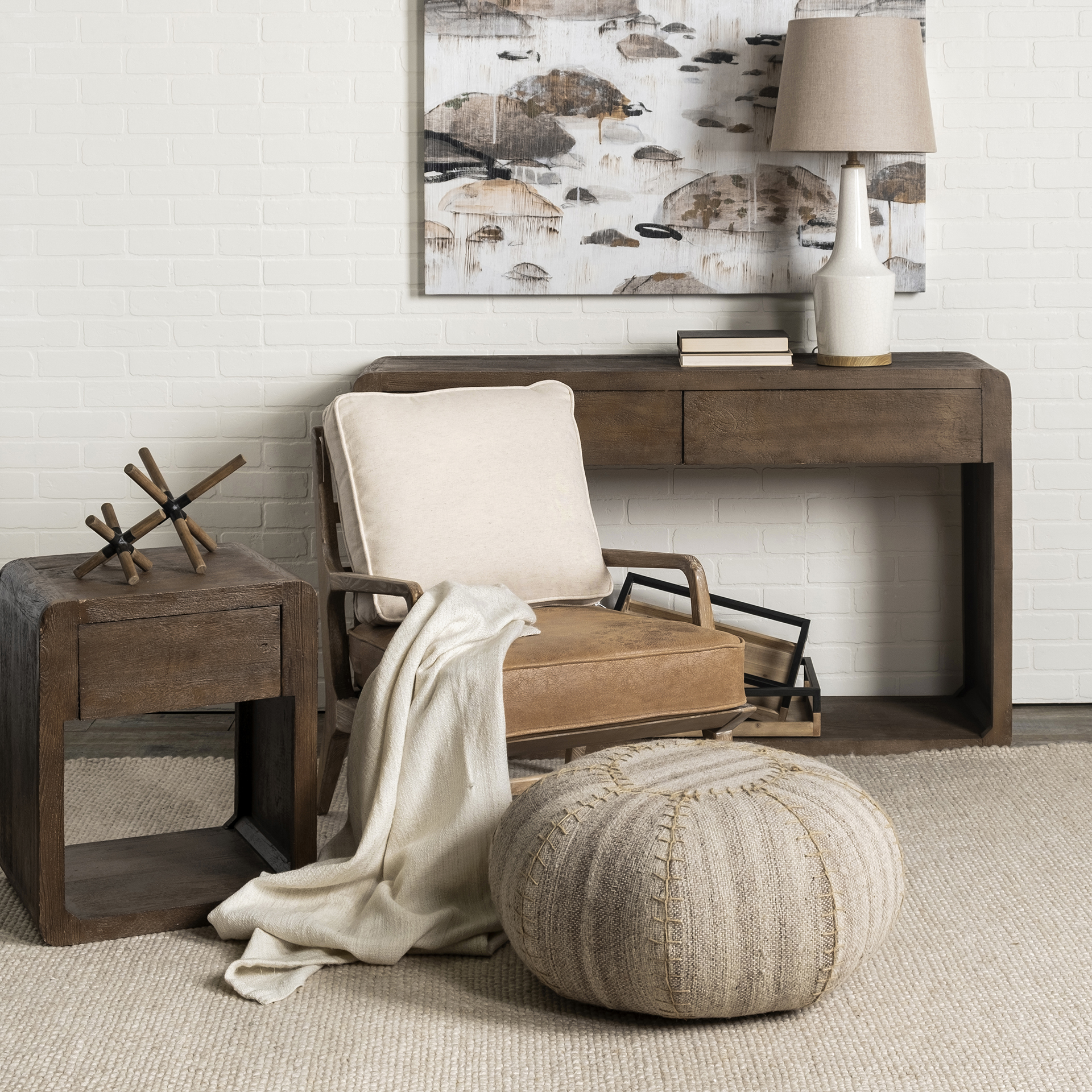 harman ii cream fabric and brown leather seat accent chair