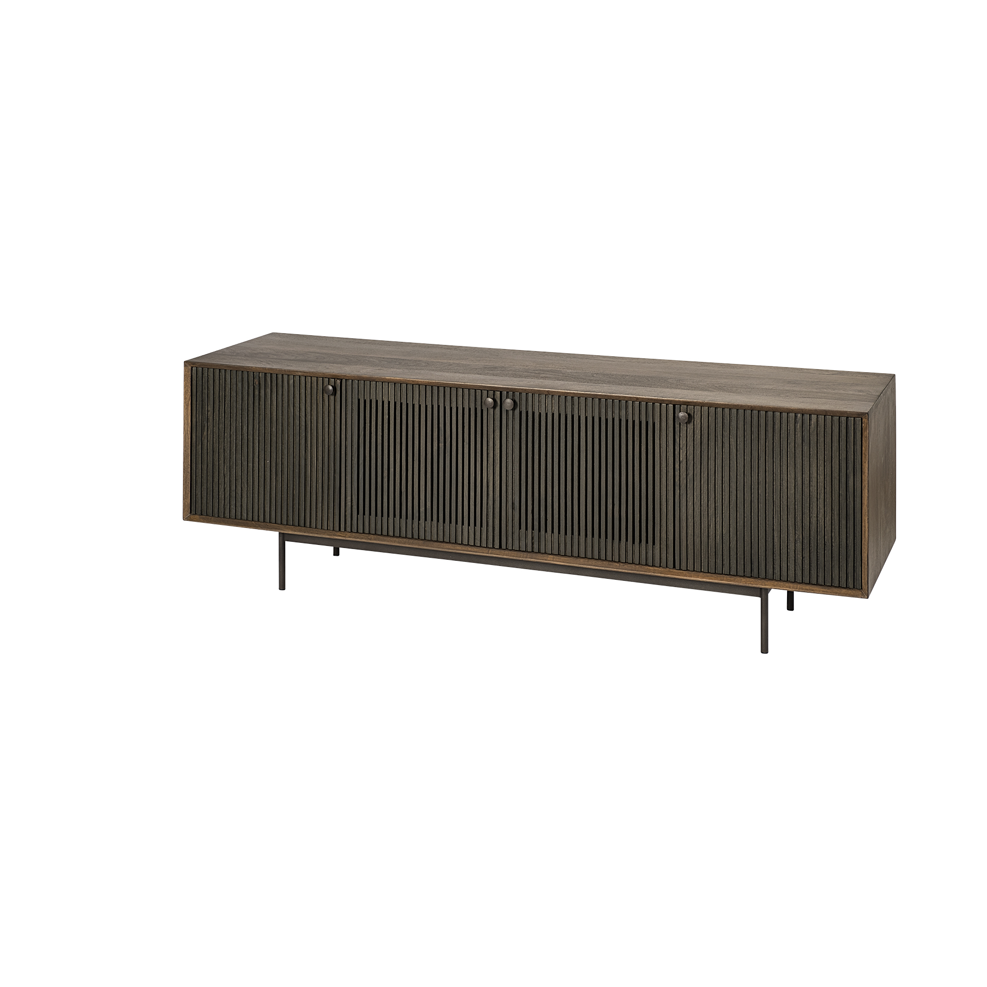 grace i two-toned brown solid wood tv stand media console with slated doors, tv up to 82