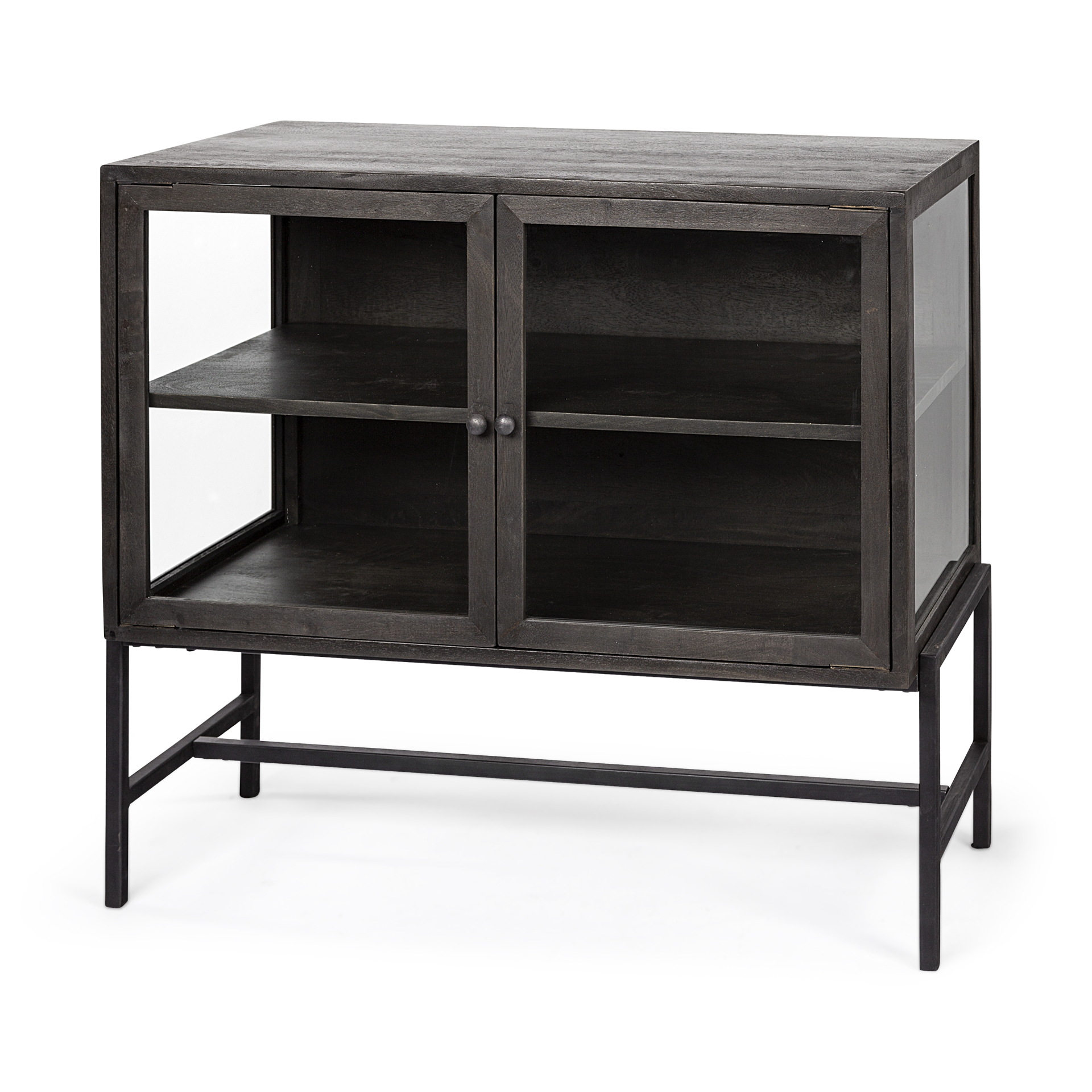 arelius 36l x 18w black-brown wood, black metal base w/ 2 glass doors accent cabinet