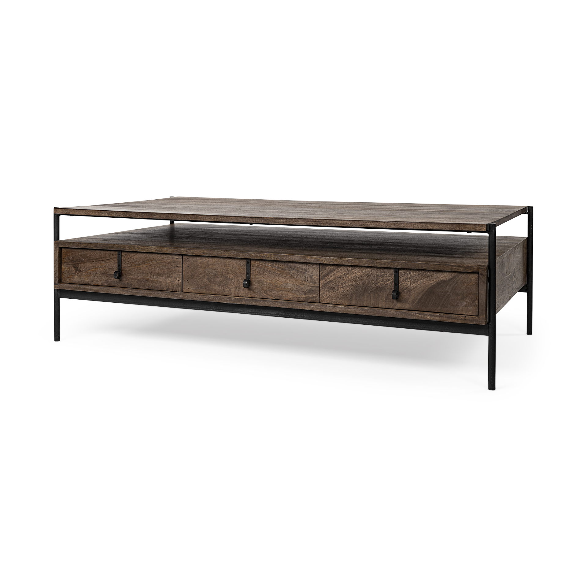 glenn ii 54x30 dark brown wood w/ black iron frame, rectangle 3 drawers coffee table