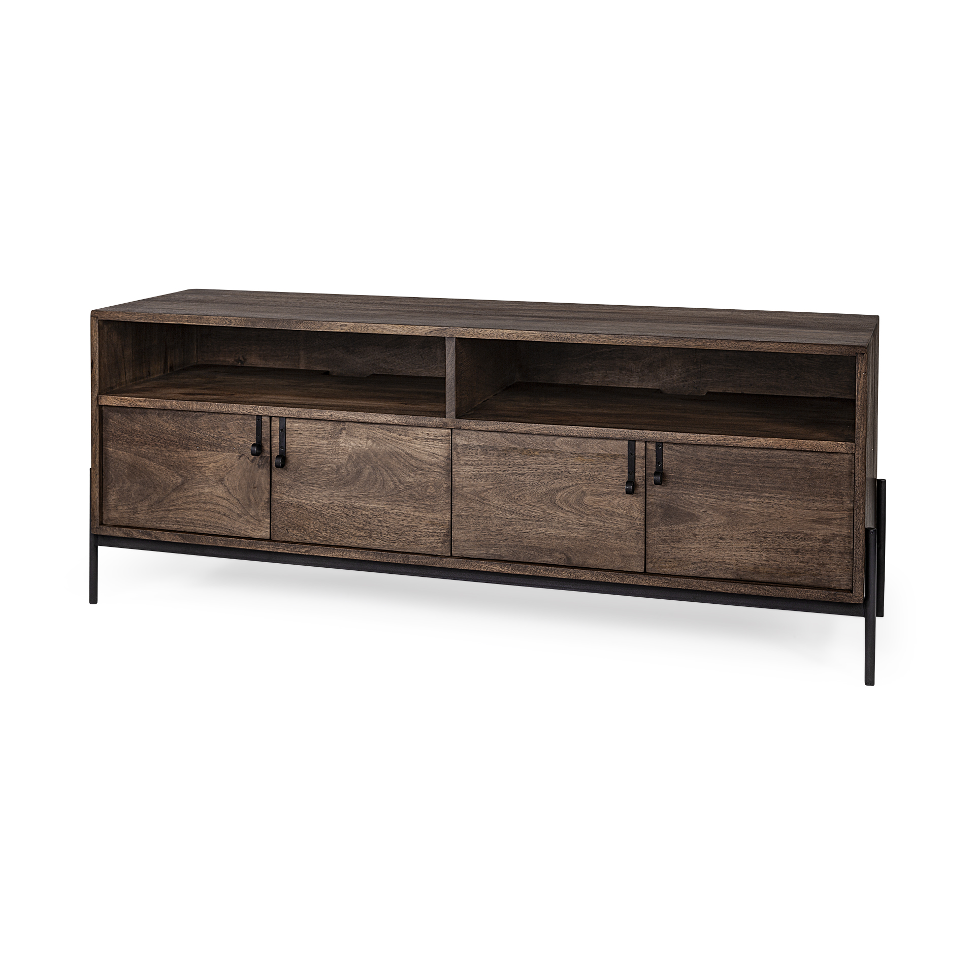 glenn iv dark brown wood w/ black iron frame media console w/ storage, tv stand for tv up to 71