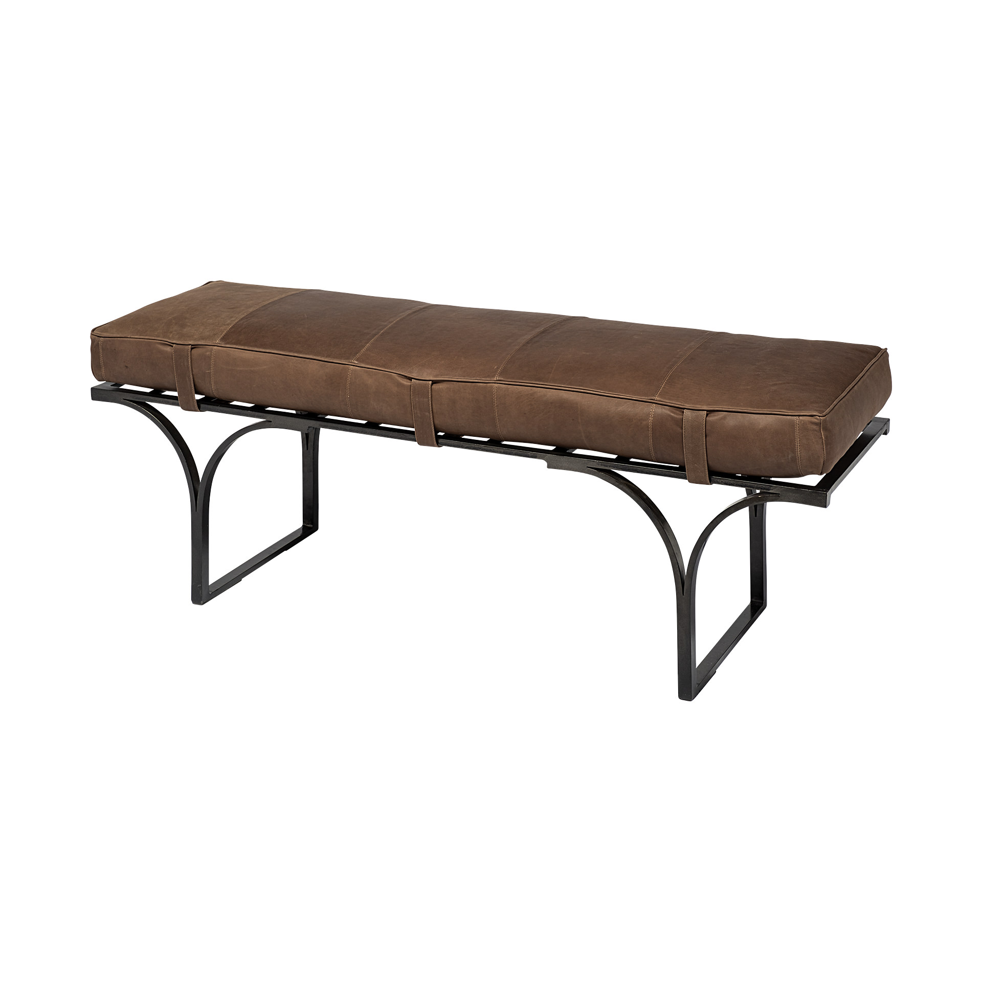 jessie 55l x 16w brown leather seat w/black metal base accent bench
