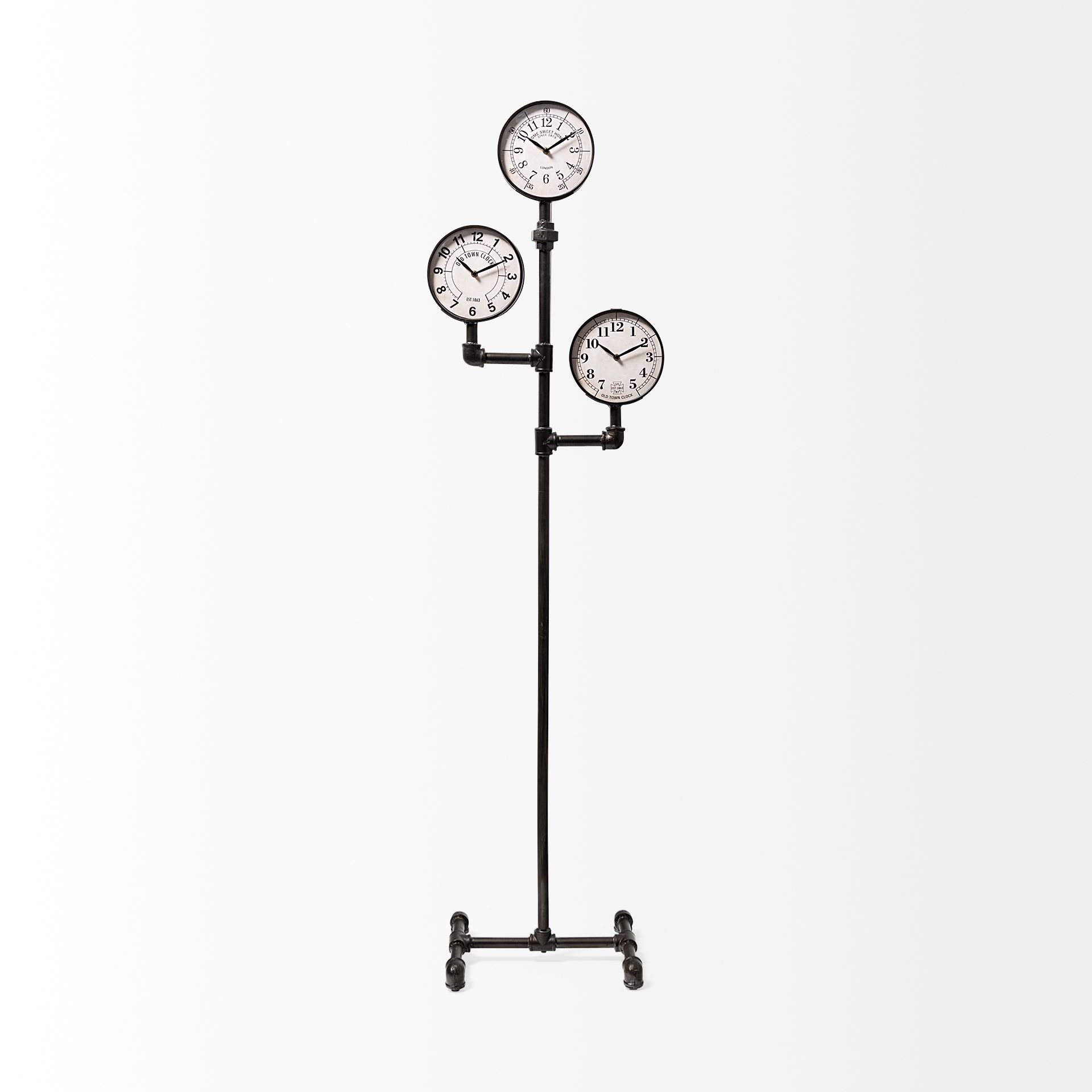 trifect black iron pipe three face floor clock