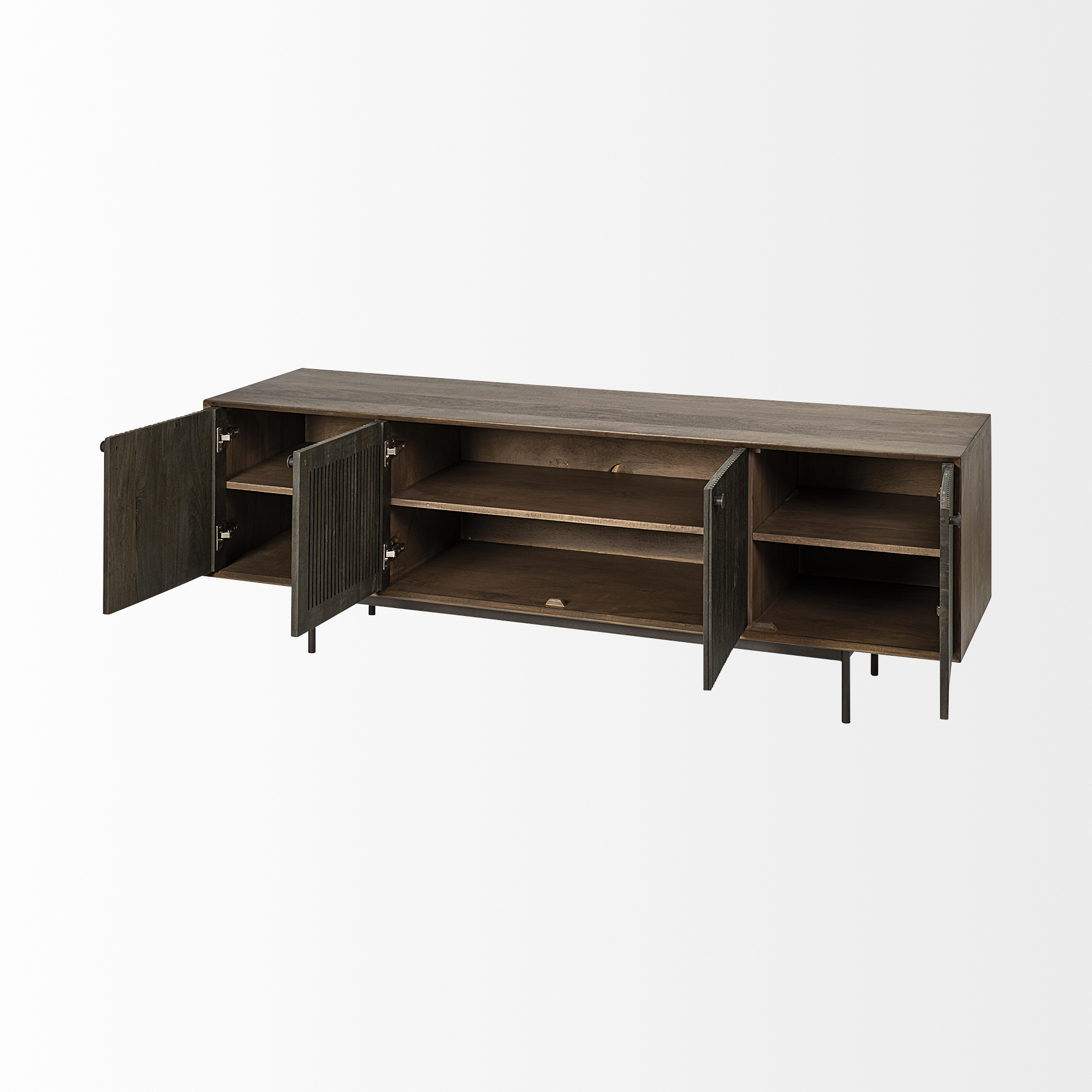 grace i two-toned brown solid wood tv stand media console with slated doors, tv up to 82