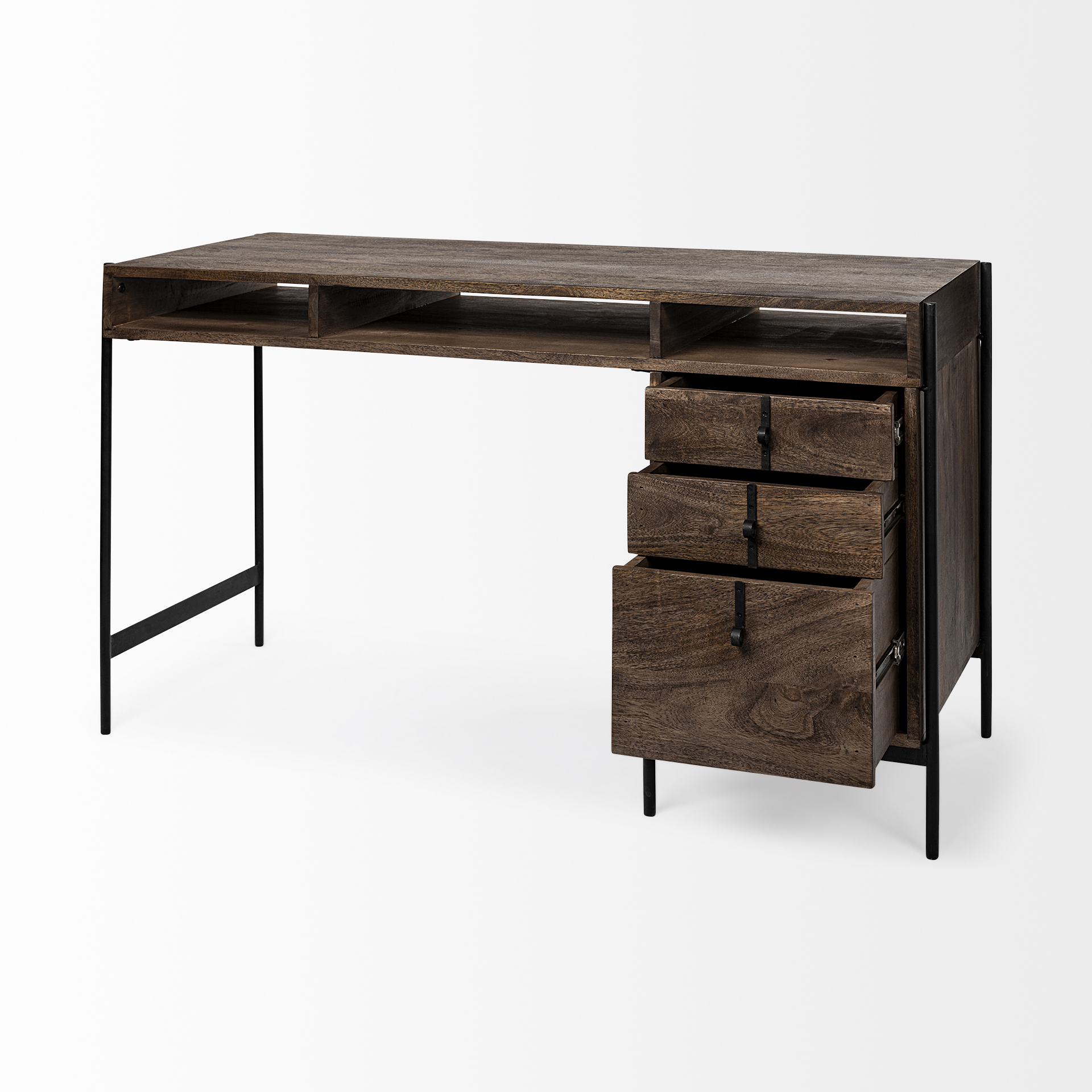 glenn vii 56l x 22w dark brown wood w/ black iron frame, 3 drawer office desk