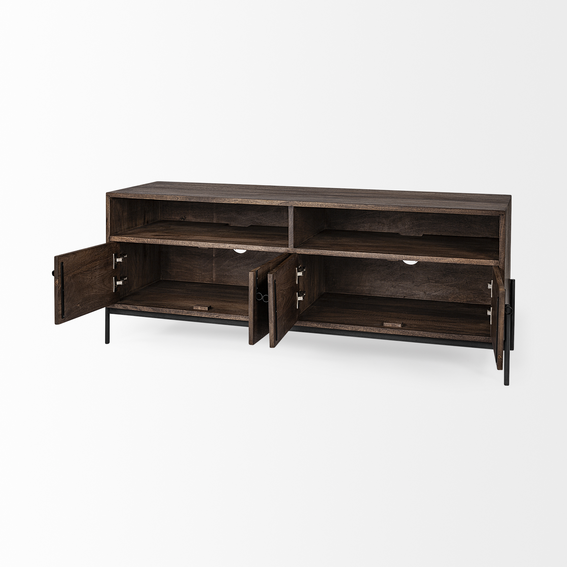 glenn iv dark brown wood w/ black iron frame media console w/ storage, tv stand for tv up to 71