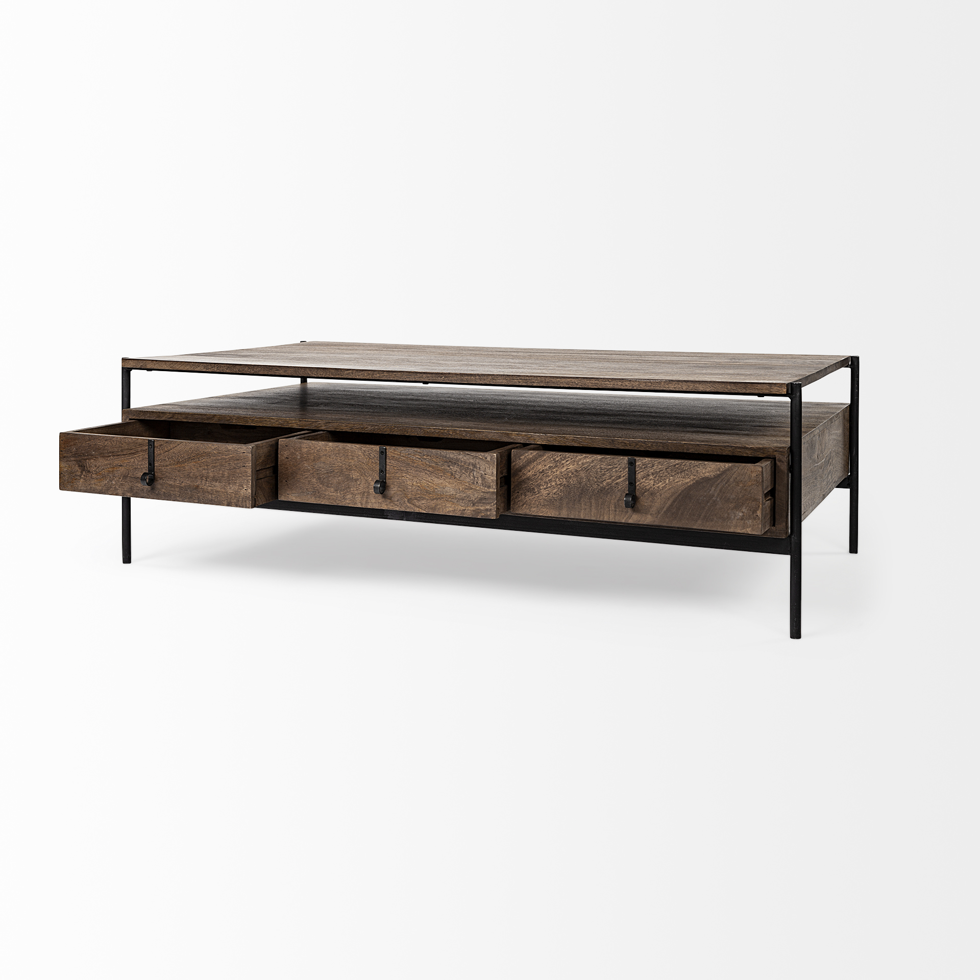 glenn ii 54x30 dark brown wood w/ black iron frame, rectangle 3 drawers coffee table