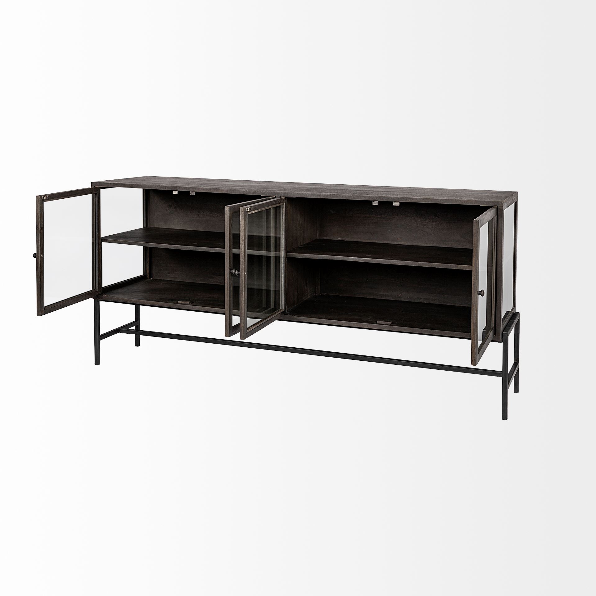 arelius 70x18 black-brown wood, black metal base w/ 4 glass cabinet doors sideboard