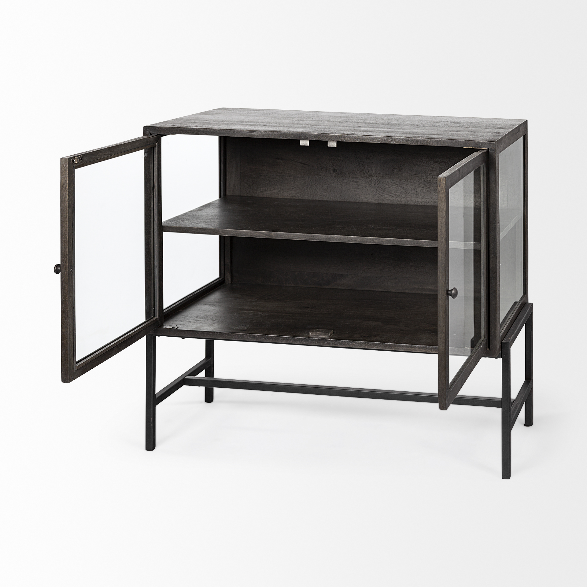 arelius 36l x 18w black-brown wood, black metal base w/ 2 glass doors accent cabinet