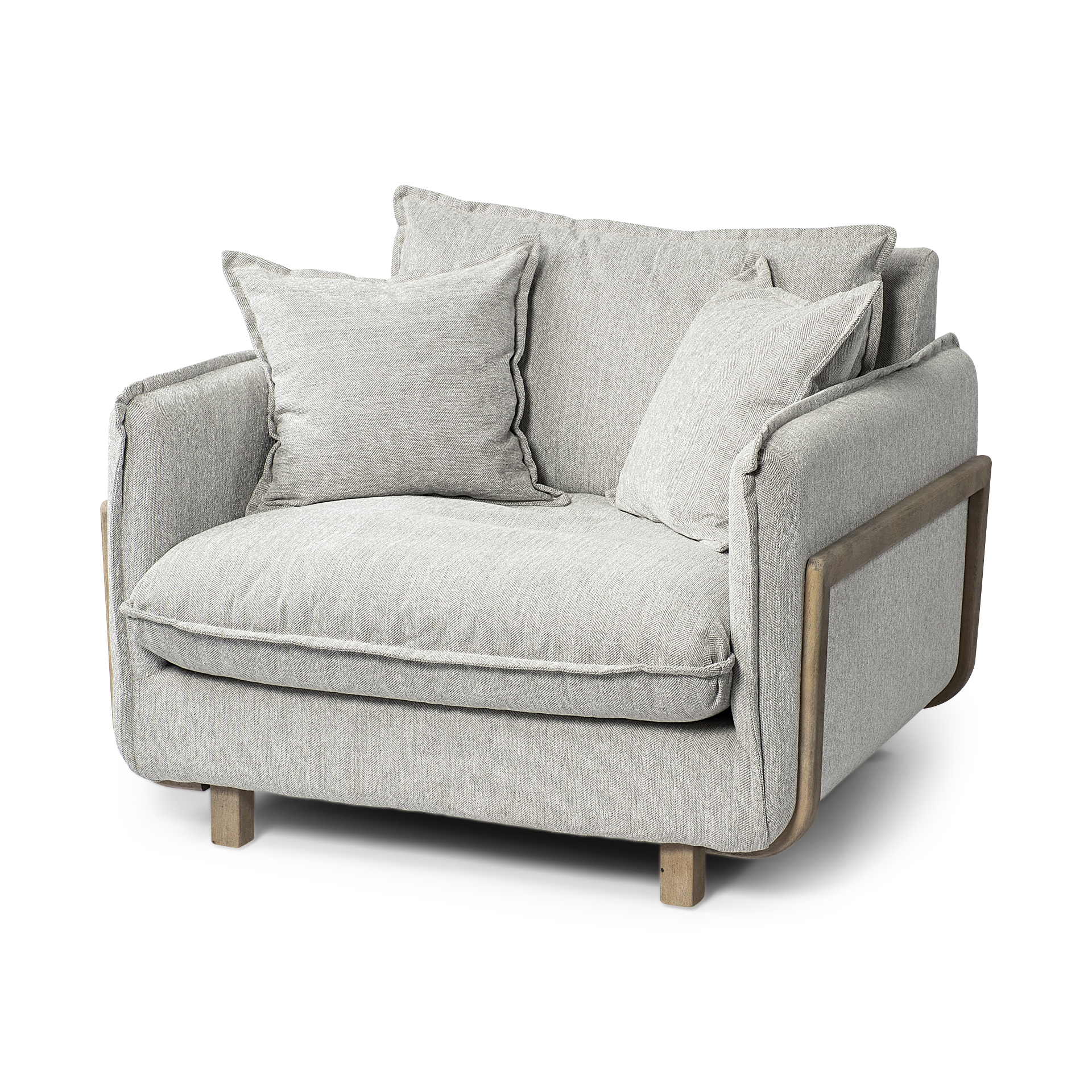 roy ii frost gray upholstered and brown wood frame arm chair