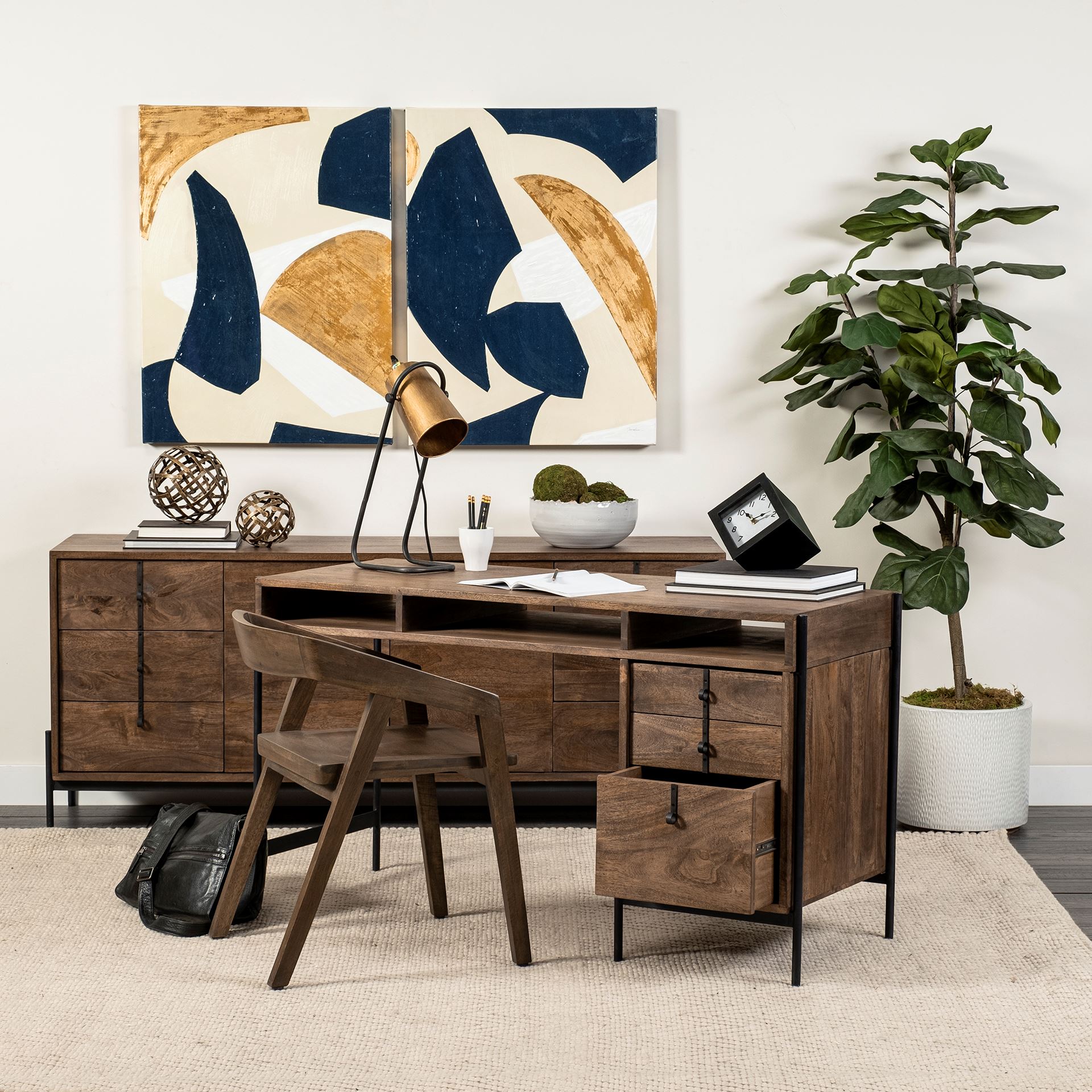 glenn vii 56l x 22w dark brown wood w/ black iron frame, 3 drawer office desk
