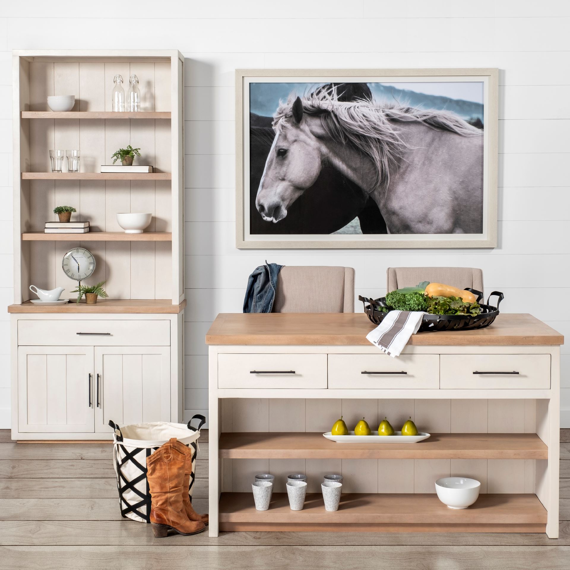 fairview i white and medium brown wood three shelf shelving unit