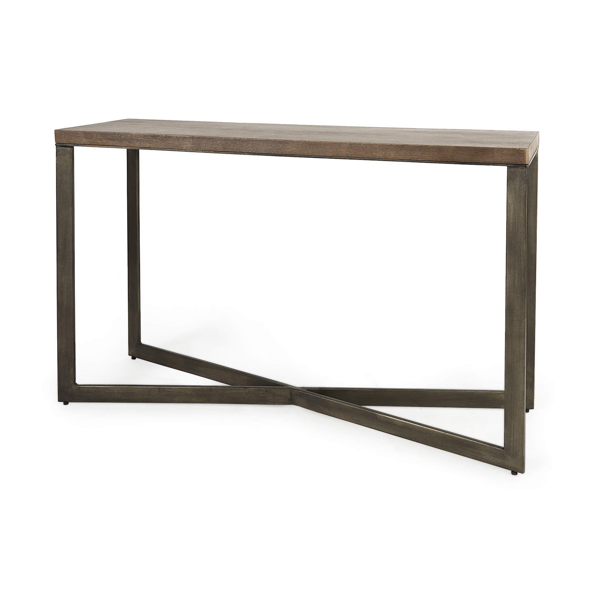 faye 50l x 15w x 30h medium brown wood w/antique nickel metal base console table