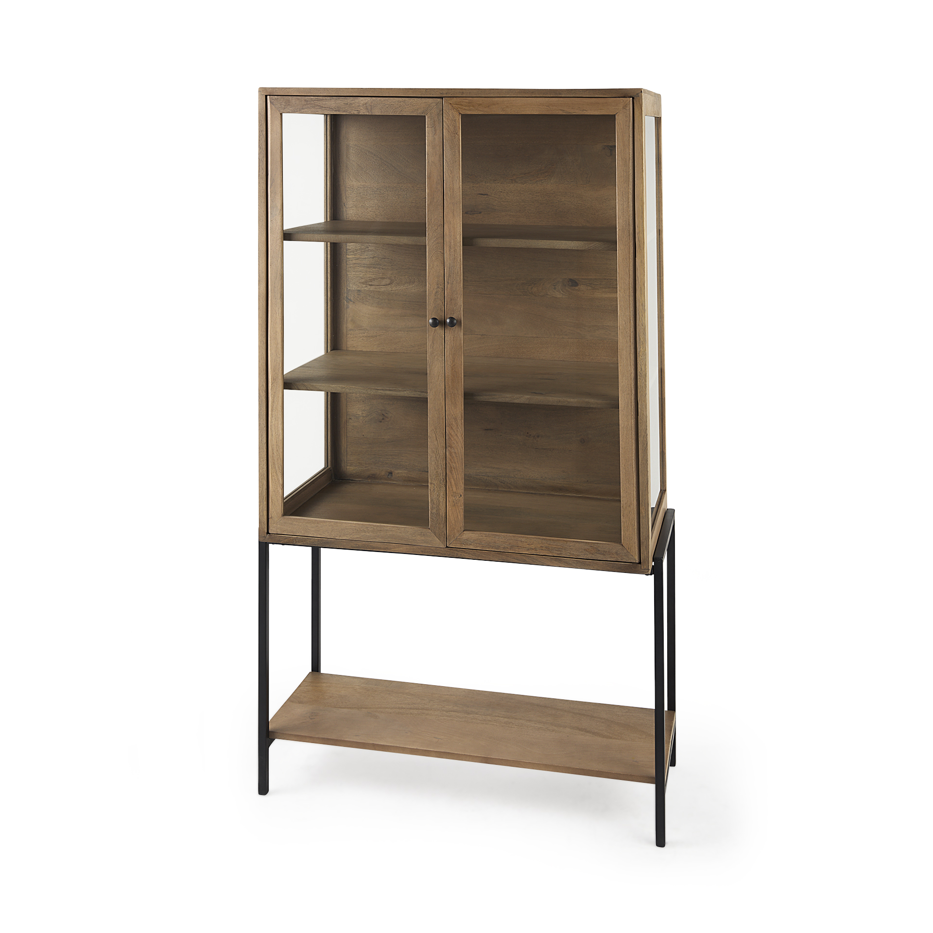 arelius 36l x 18w x 63h light brown wood w/ black metal base display cabinet