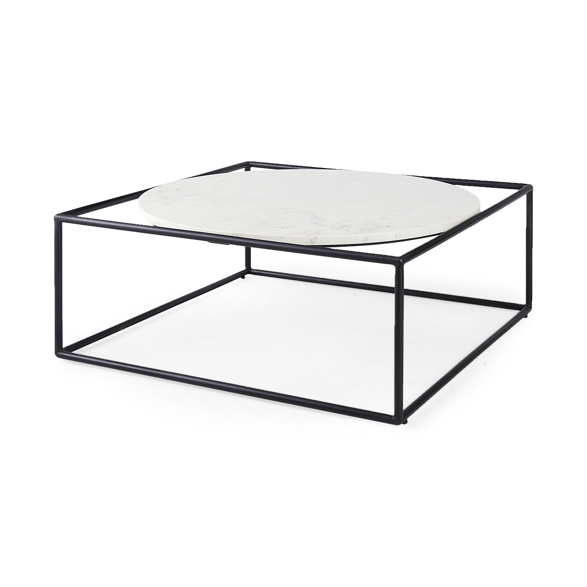 austen 36l x 36w x 14.5h round white marble top w/ black metal frame coffee table