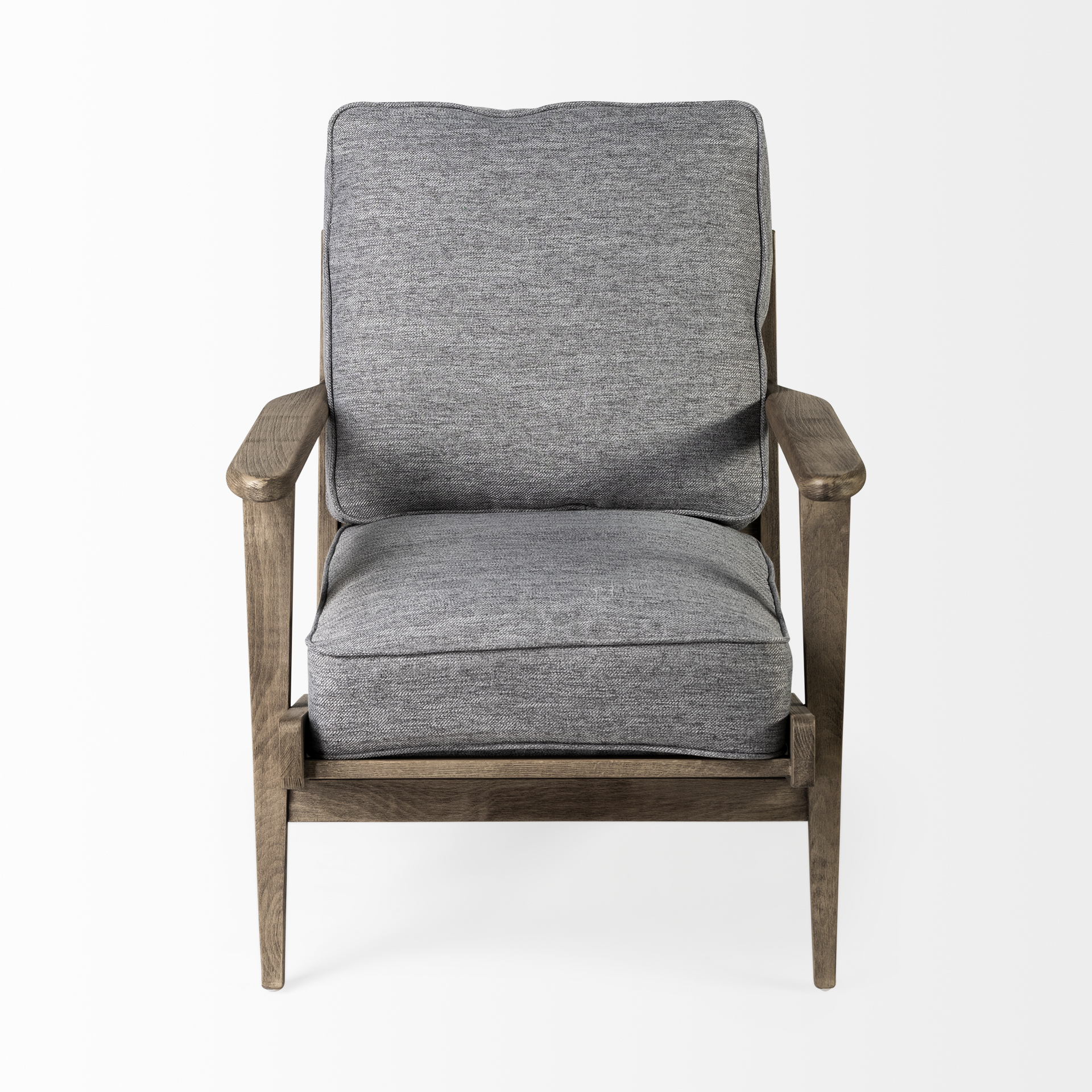 olympus v castlerock grey fabric wrapped brown wooden frame accent chair