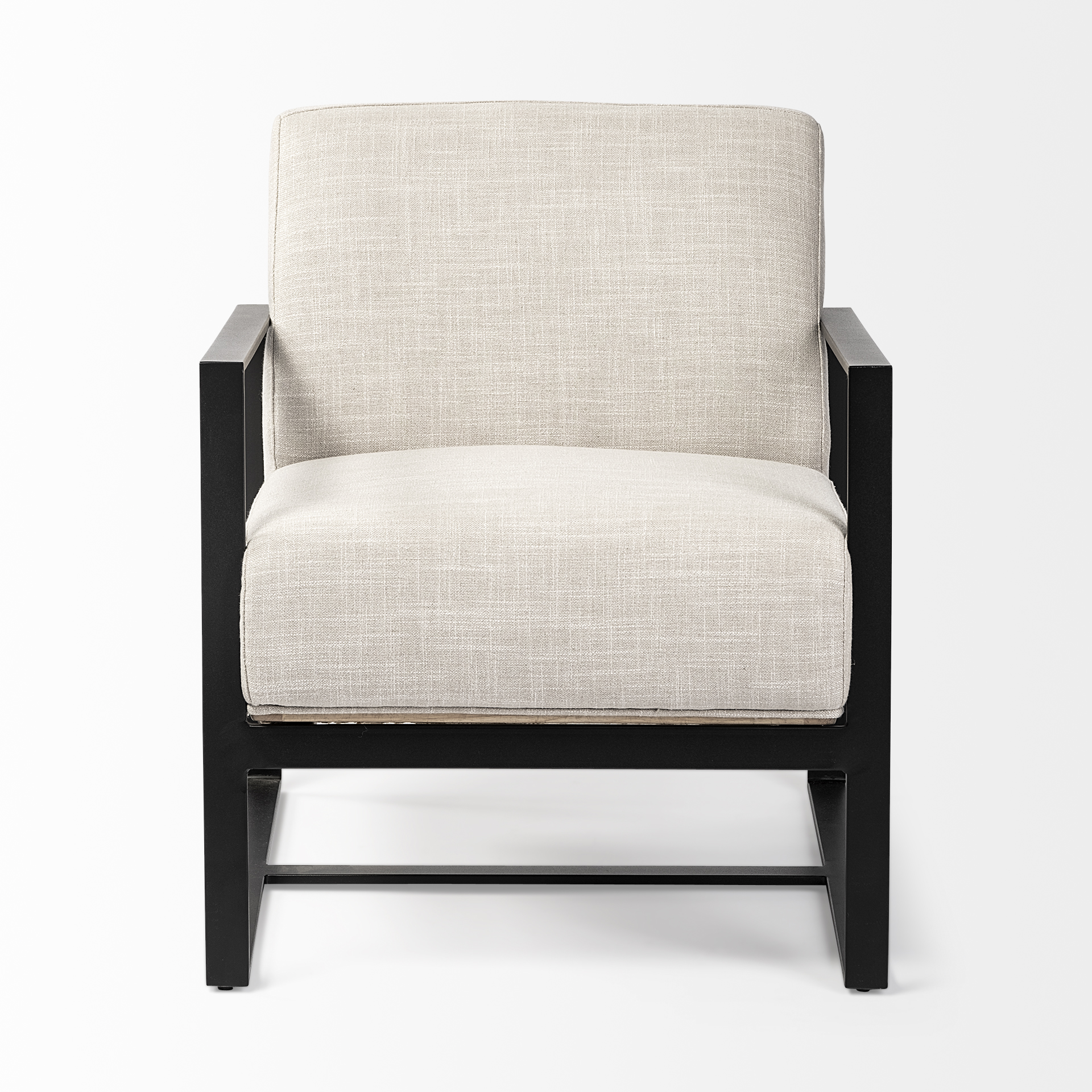 stamford light beige upholstered seat w/ wood back, metal frame accent chair