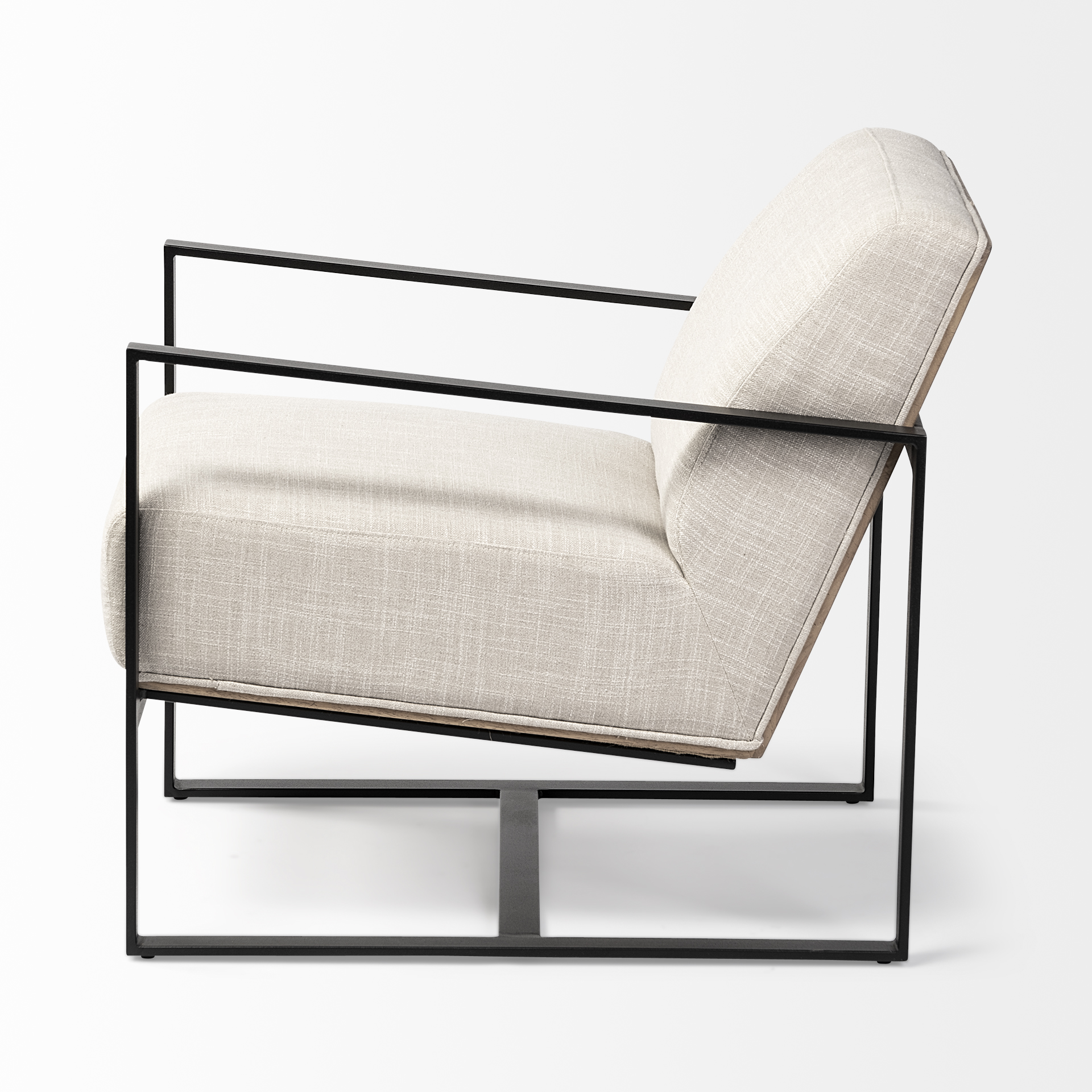 stamford light beige upholstered seat w/ wood back, metal frame accent chair