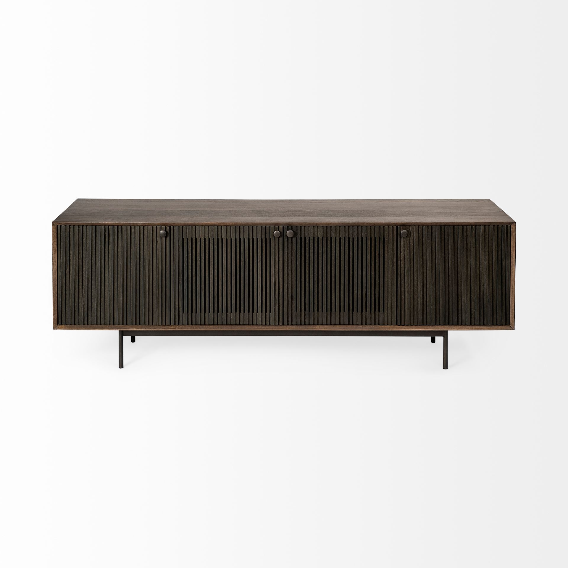 grace i two-toned brown solid wood tv stand media console with slated doors, tv up to 82