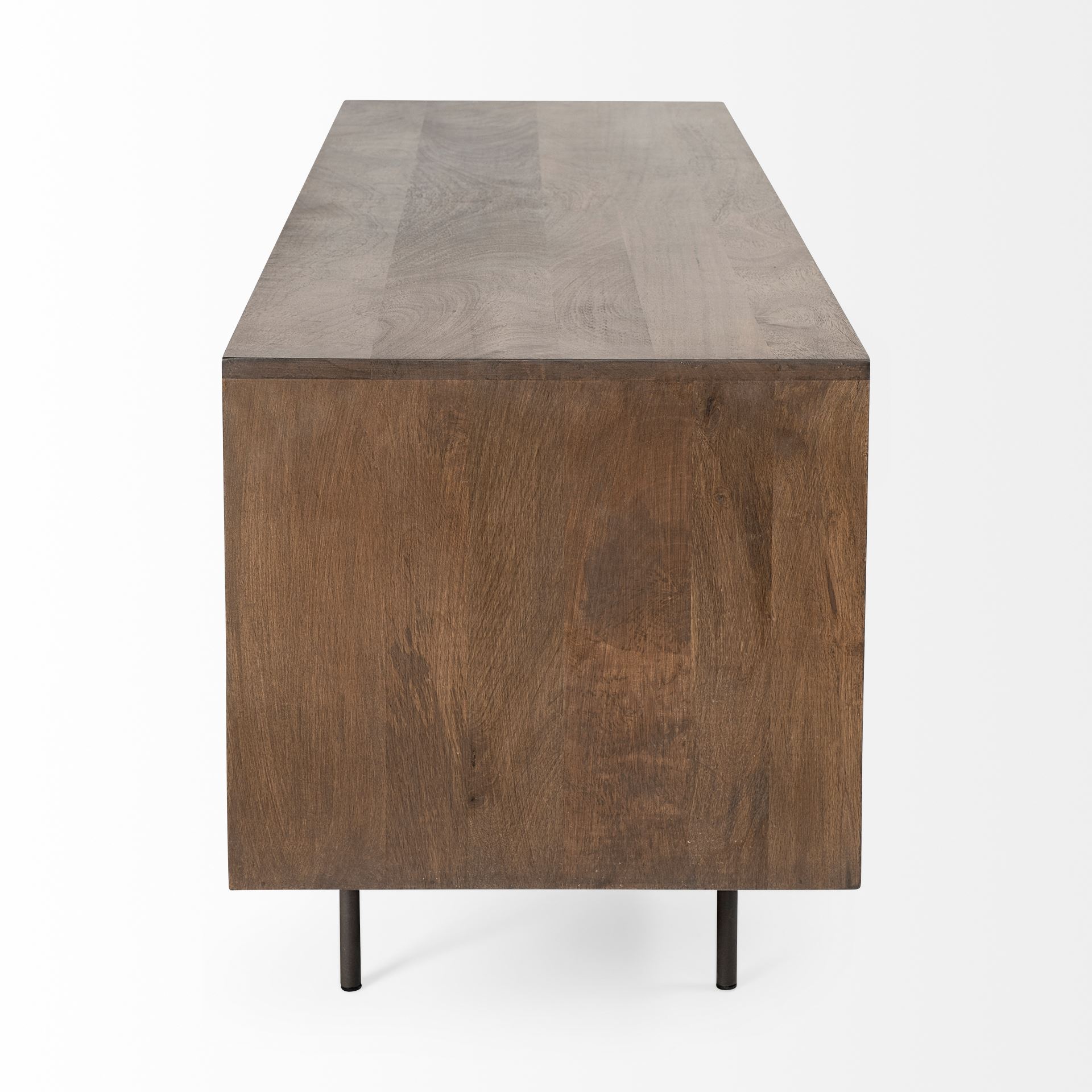 grace i two-toned brown solid wood tv stand media console with slated doors, tv up to 82