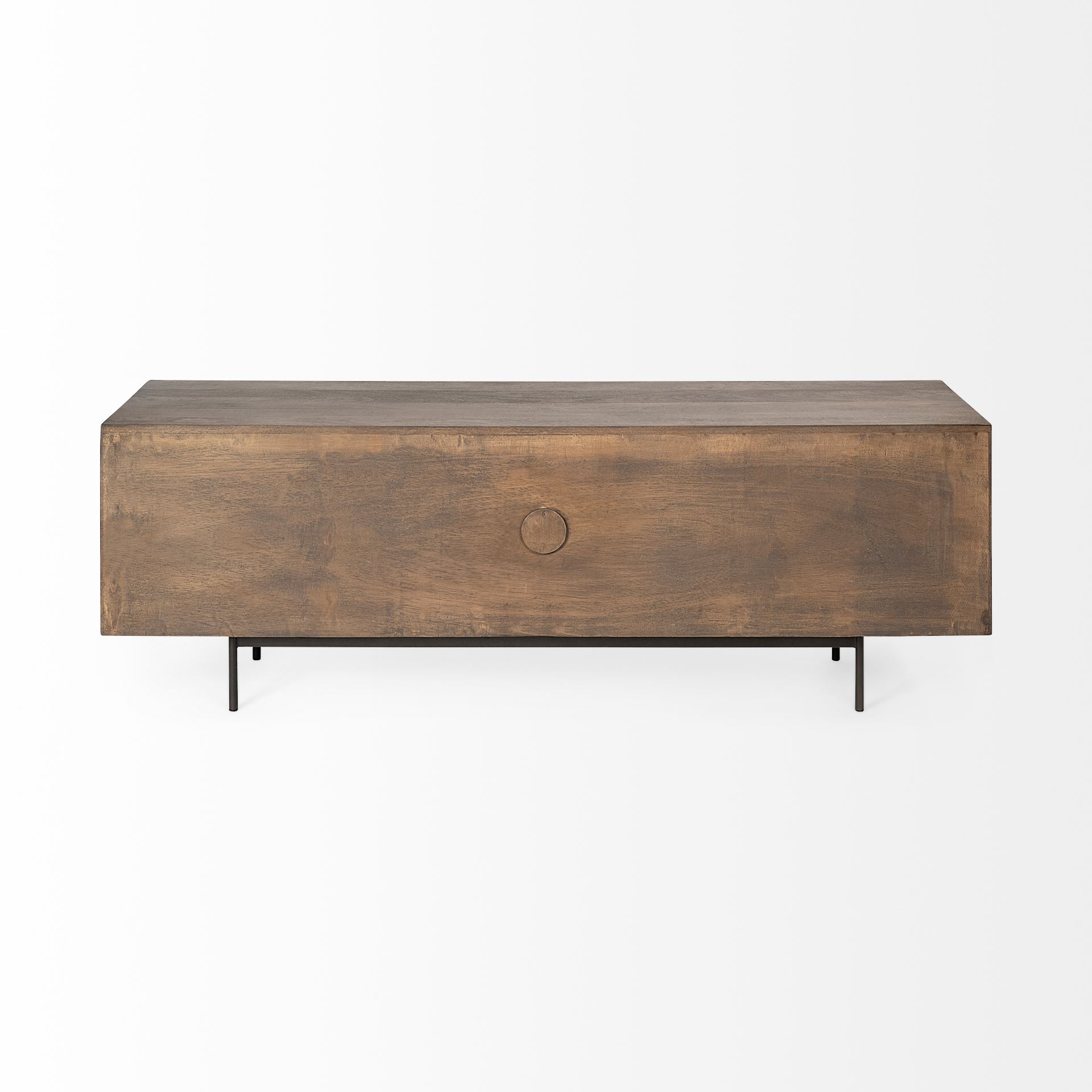 grace i two-toned brown solid wood tv stand media console with slated doors, tv up to 82