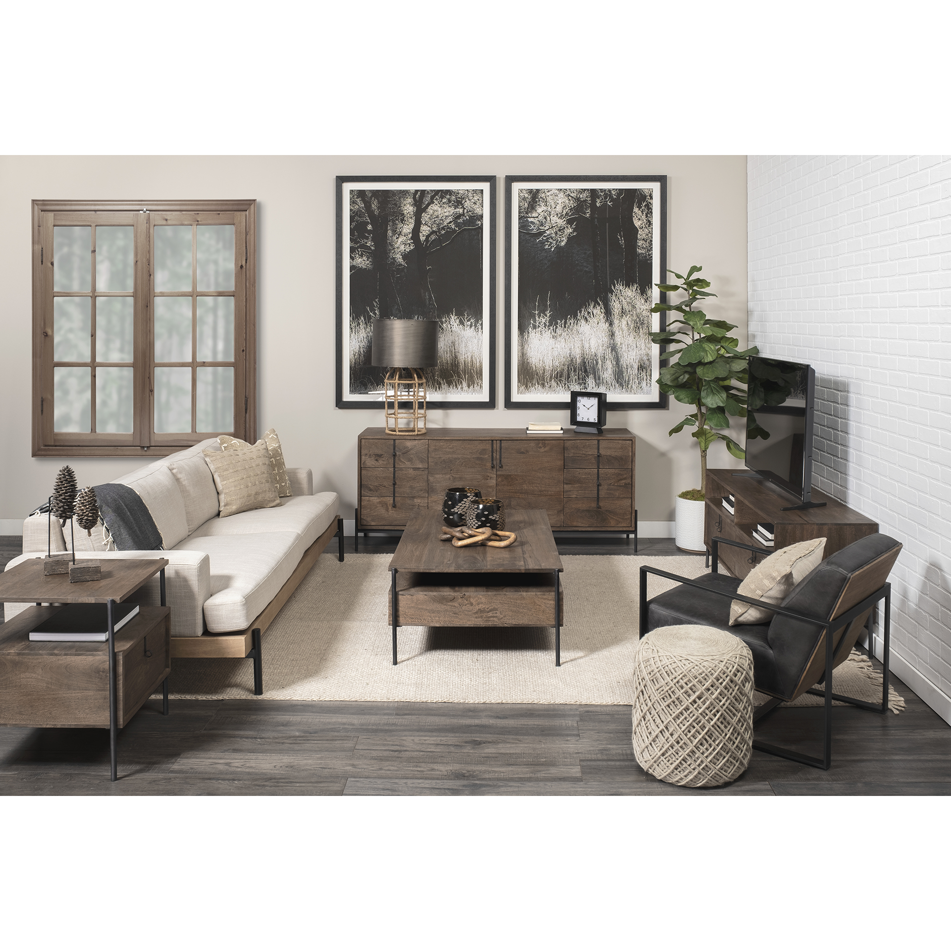 glenn ii 54x30 dark brown wood w/ black iron frame, rectangle 3 drawers coffee table