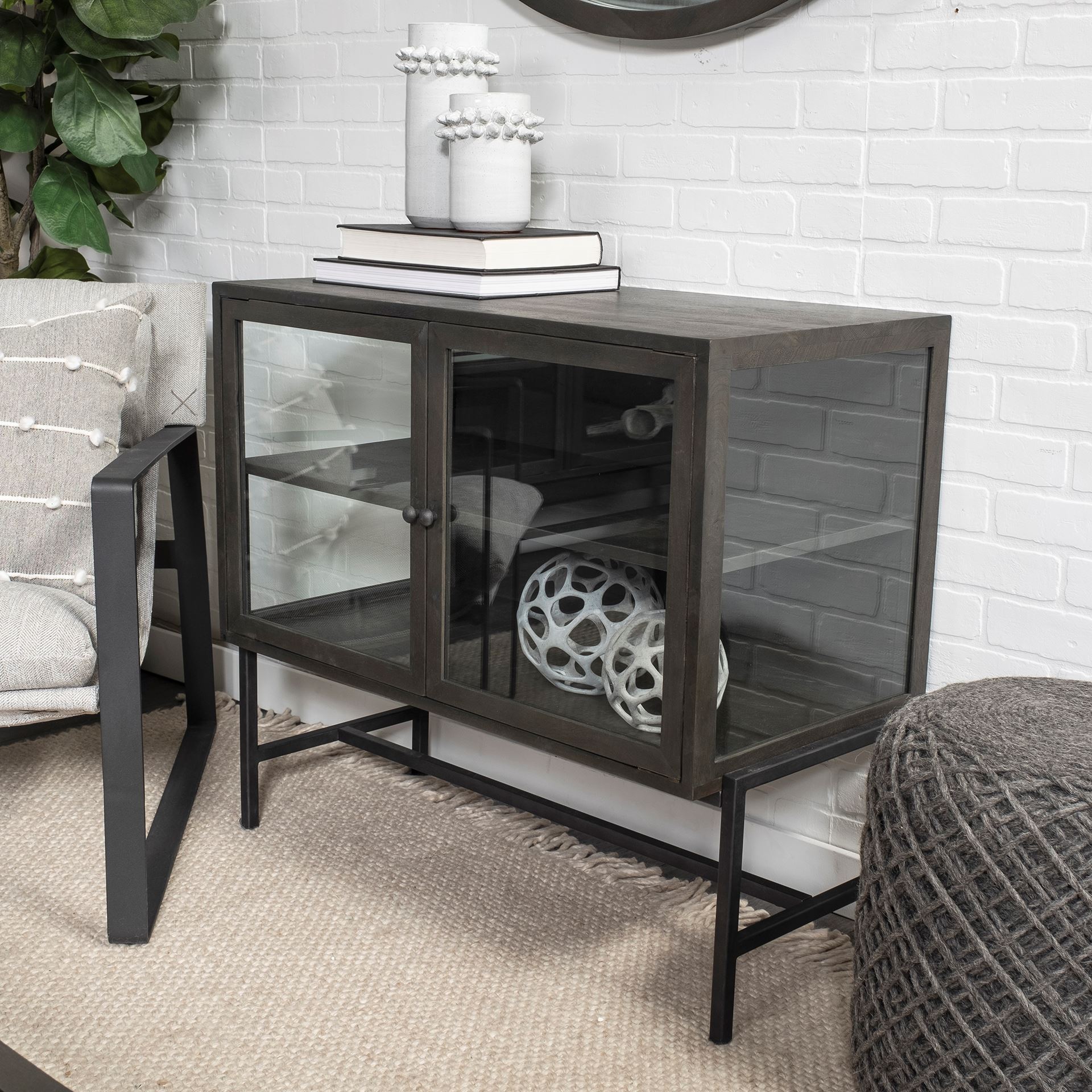 arelius 36l x 18w black-brown wood, black metal base w/ 2 glass doors accent cabinet