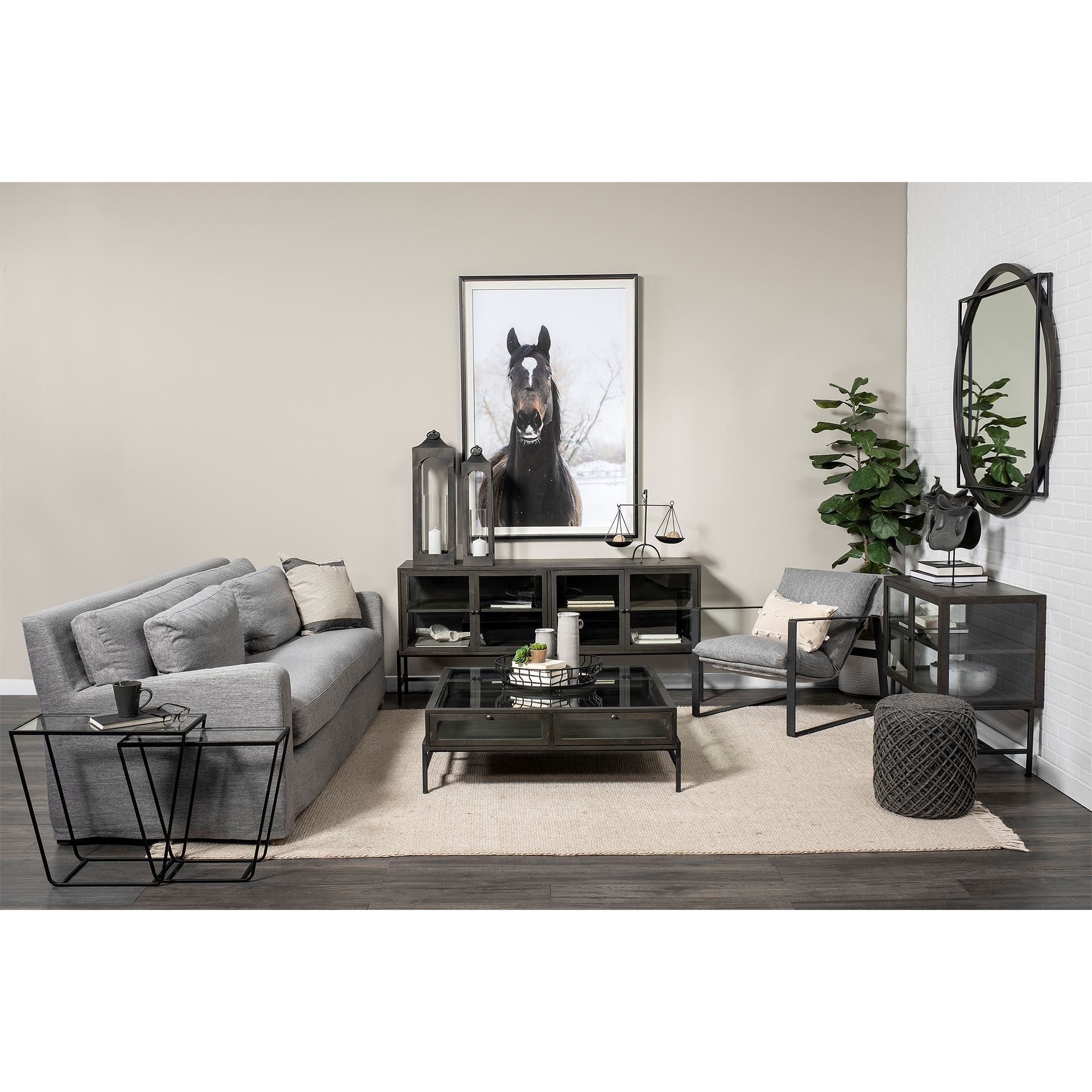 arelius 36l x 18w black-brown wood, black metal base w/ 2 glass doors accent cabinet
