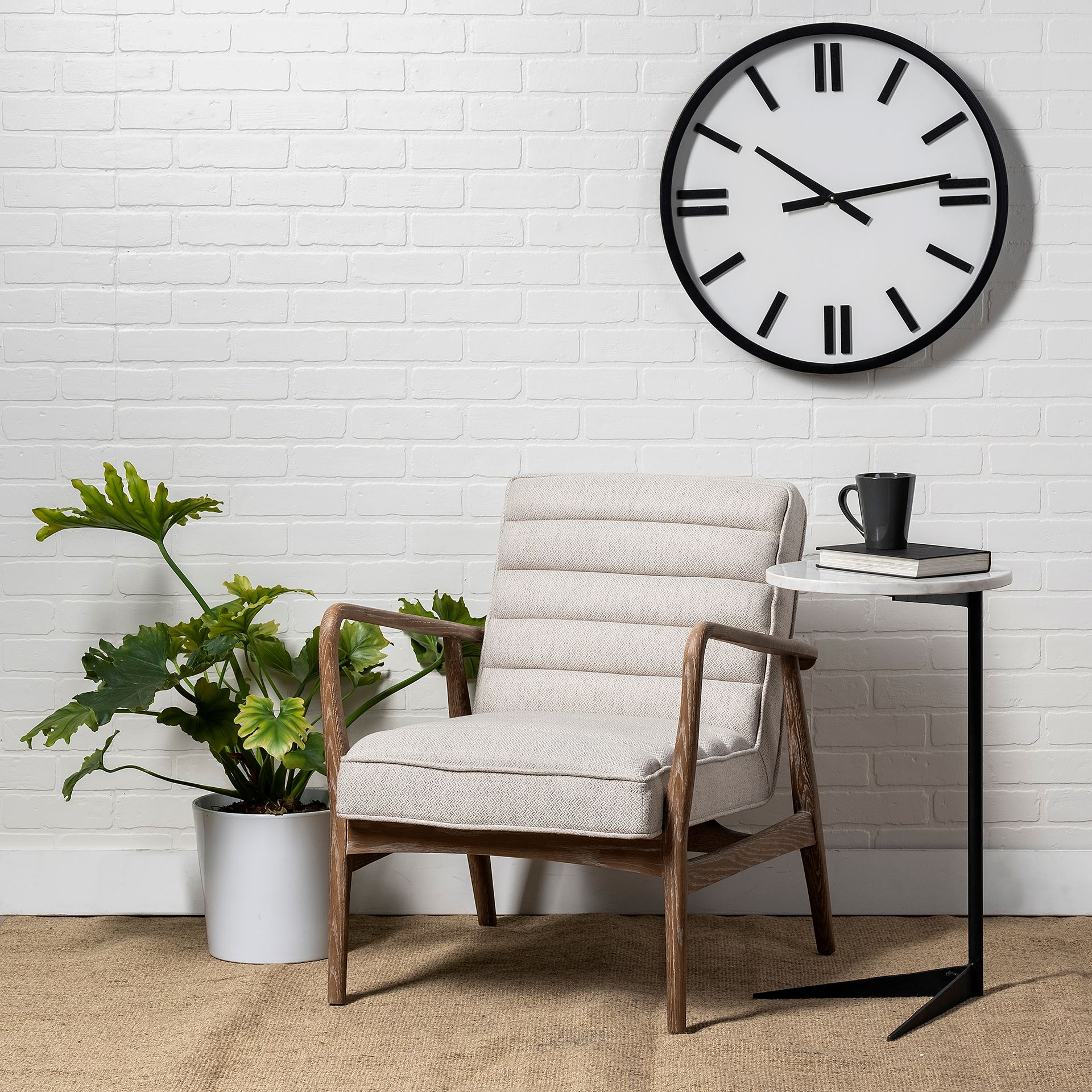 ajax ii cream fabric w/ brown wooden frame accent chair