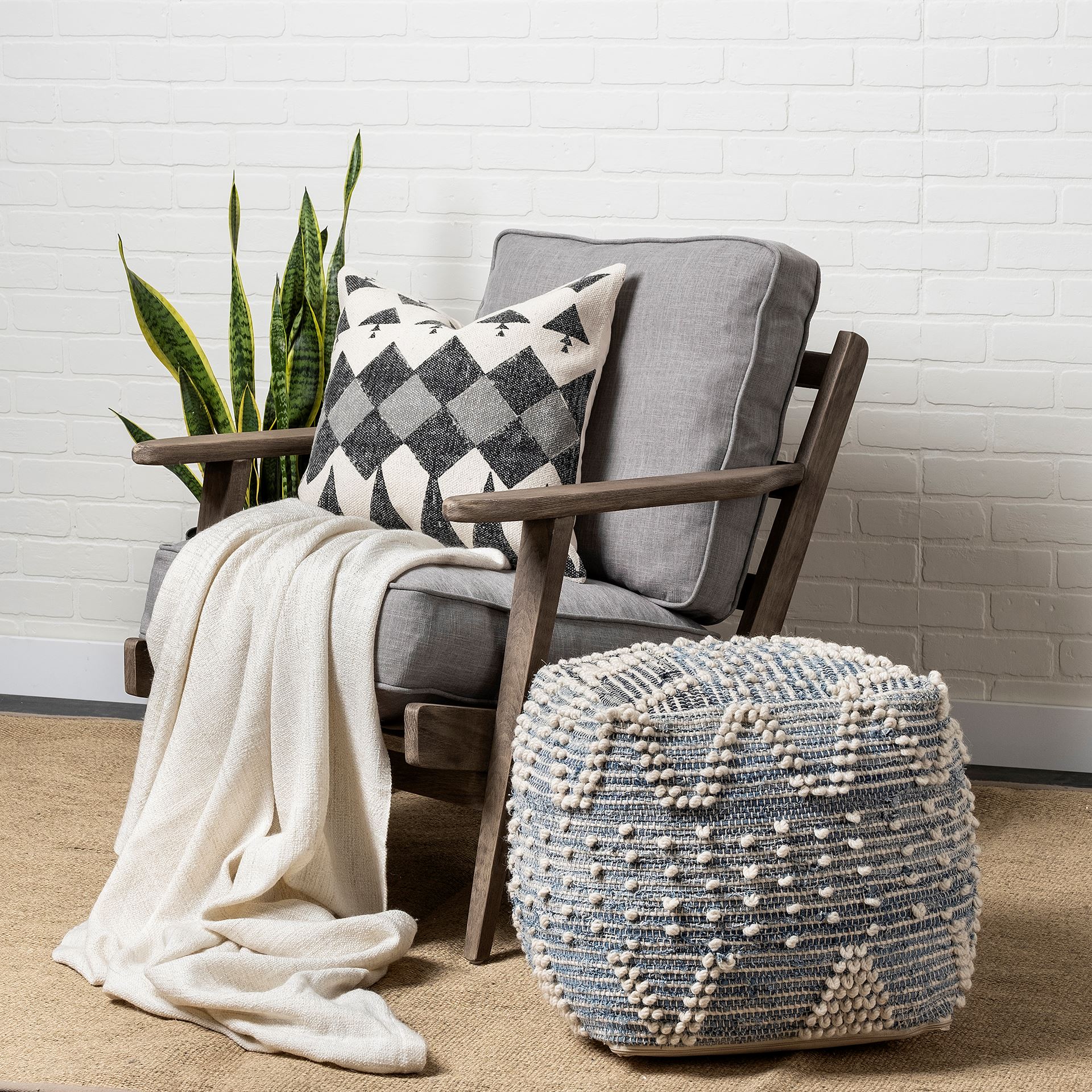 rofi blue denim and cream cotton stitched square pouf