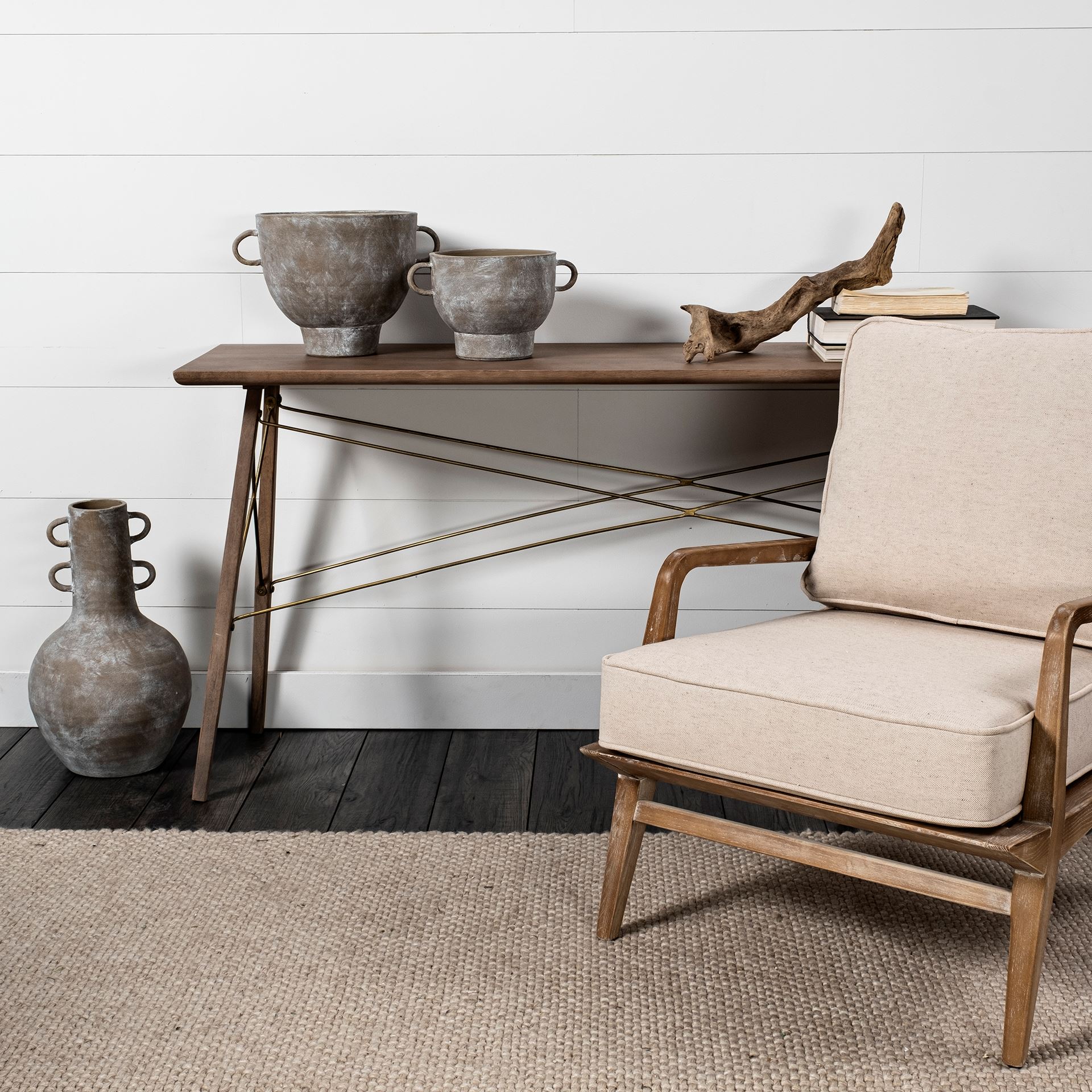 harman ii off-white fabric seat w/ wood frame accent chair
