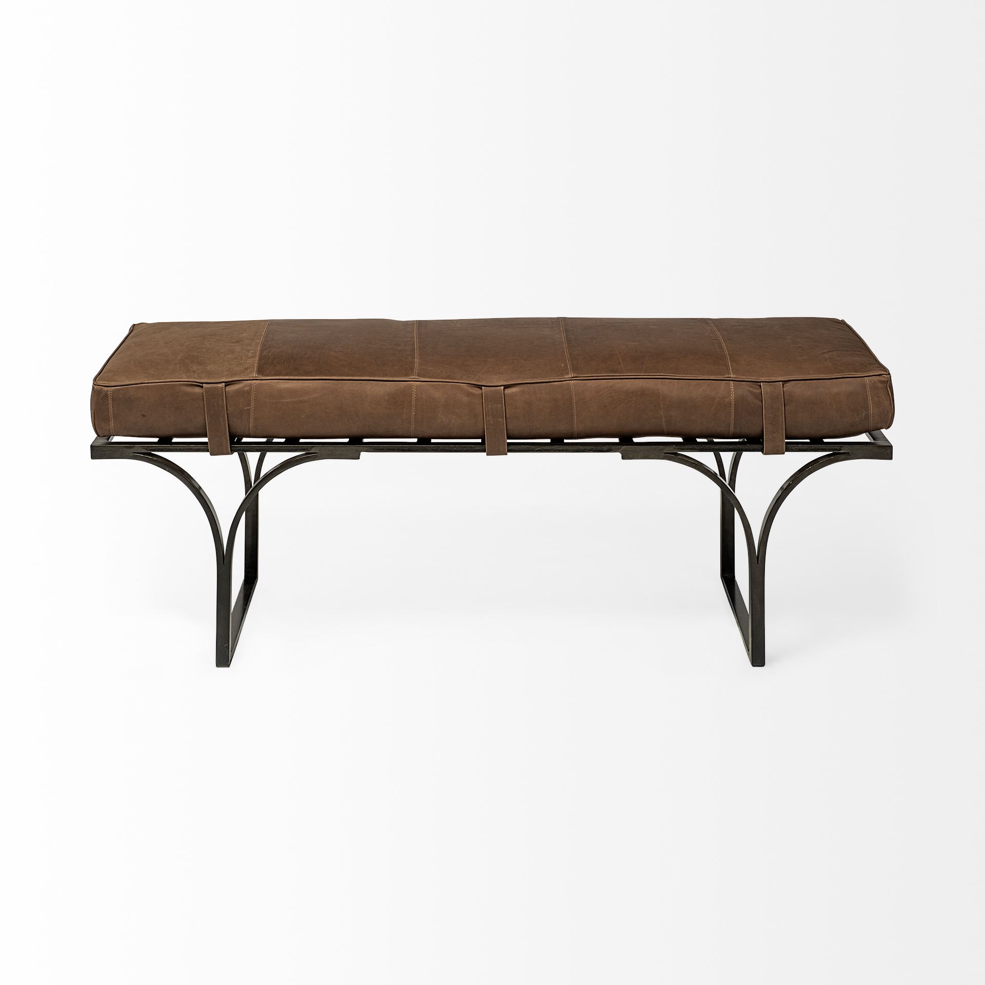 jessie 55l x 16w brown leather seat w/black metal base accent bench