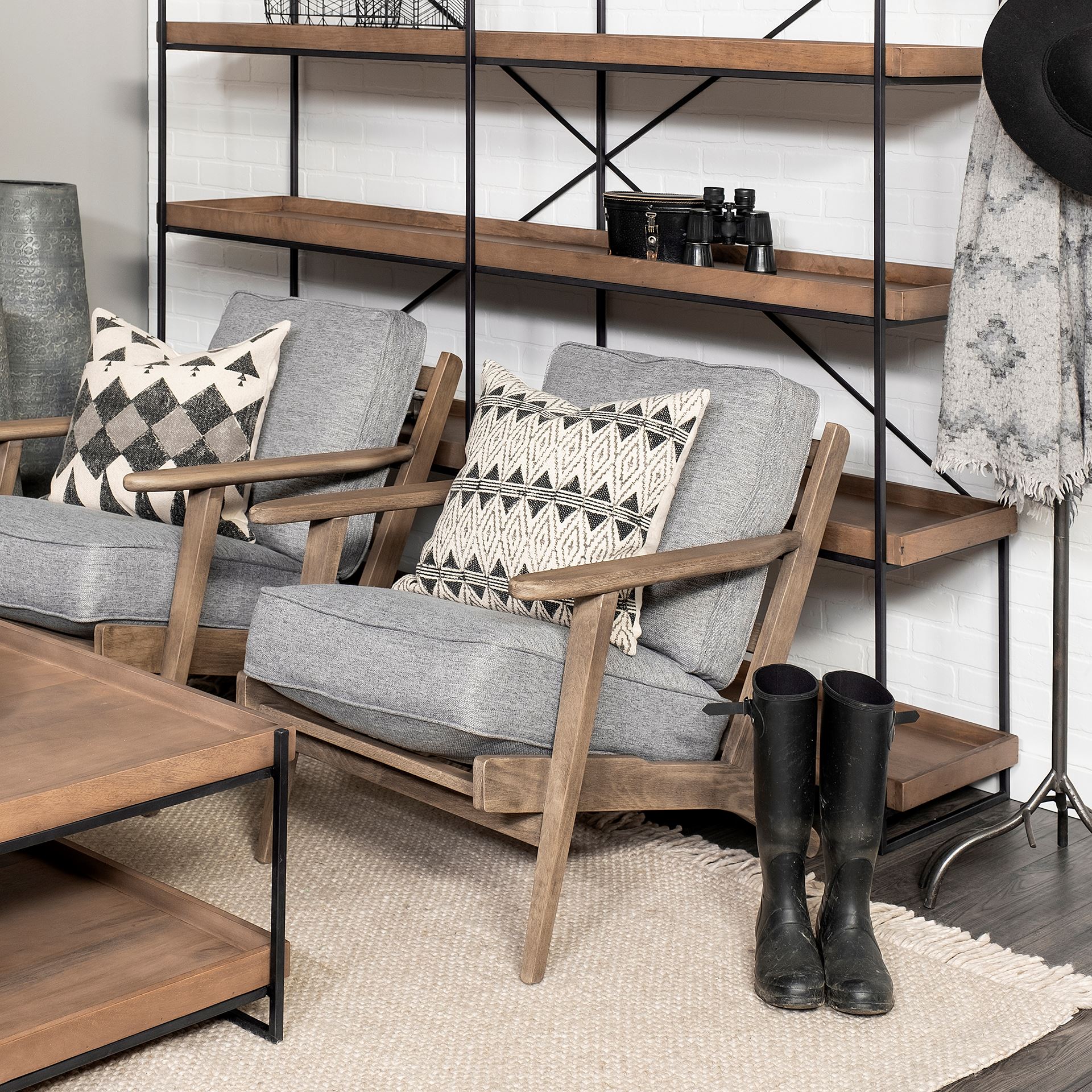 olympus v castlerock grey fabric wrapped brown wooden frame accent chair